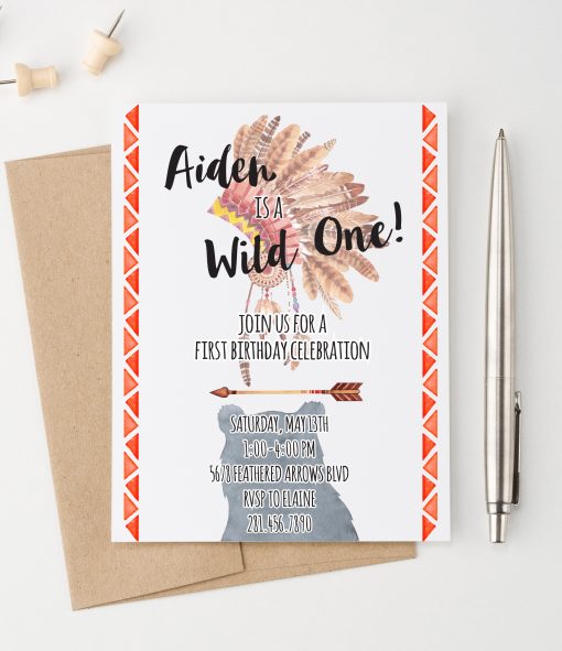 Personalized Boho Wild One Birthday Invitations With Headdress
