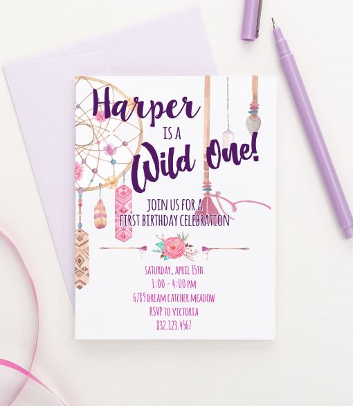 Personalized Boho Wild One Birthday Invitations With Dreamcatcher