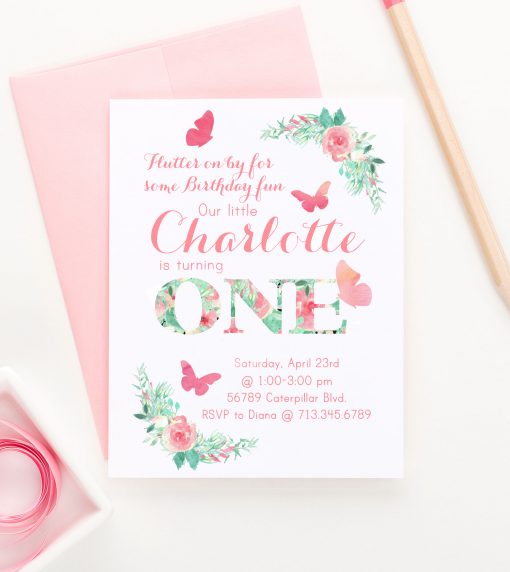 Personalized Butterfly First Birthday Invitations With Florals