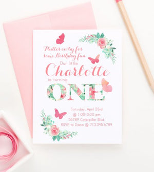 Personalized Butterfly First Birthday Invitations With Florals