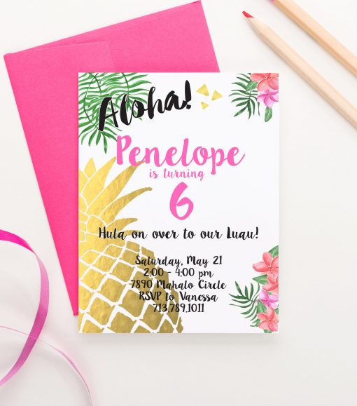 Personalized Aloha Birthday Invitations With Gold Pineapple