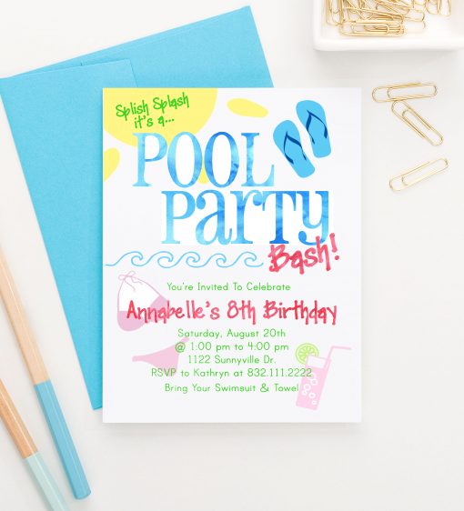 Splish Splash Pool Party Birthday Invitations Personalized