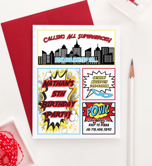 Super Hero Comic Book Birthday Party Invitations