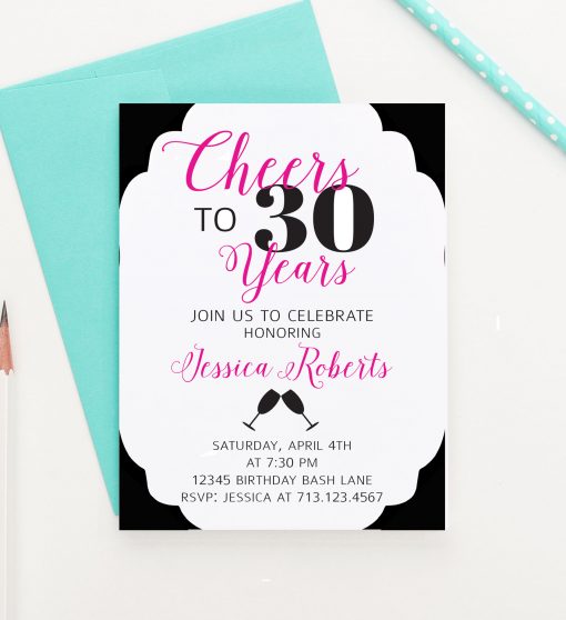 Black And Pink 30th Birthday Invitations With Champagne Glasses