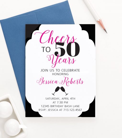 Black And Pink 50th Birthday Party Invitations Personalized