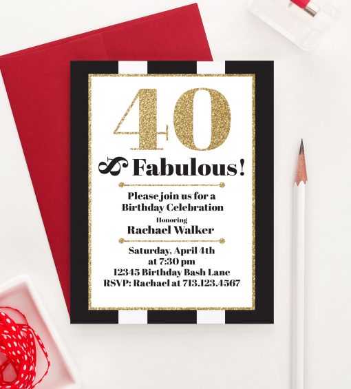 Personalized 40th Birthday Party Invitations With Gold Glitter