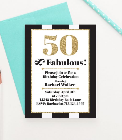 Black And Gold 50th Birthday Party Invitations Personalized