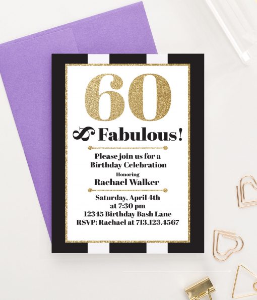 Black And White 60th Birthday Invitations With Gold