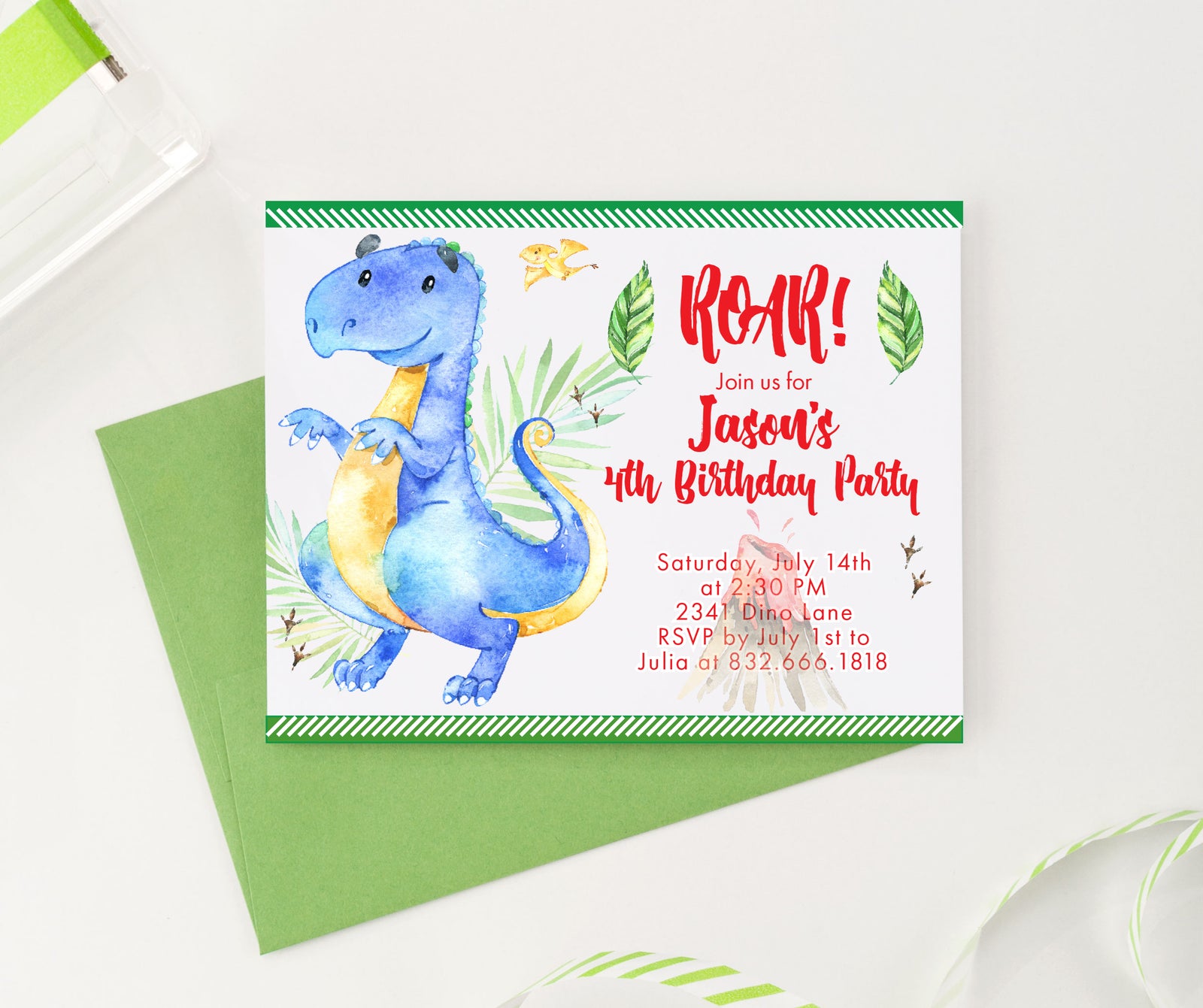 Personalized Dino Birthday Invites With Watercolor Dinosaur