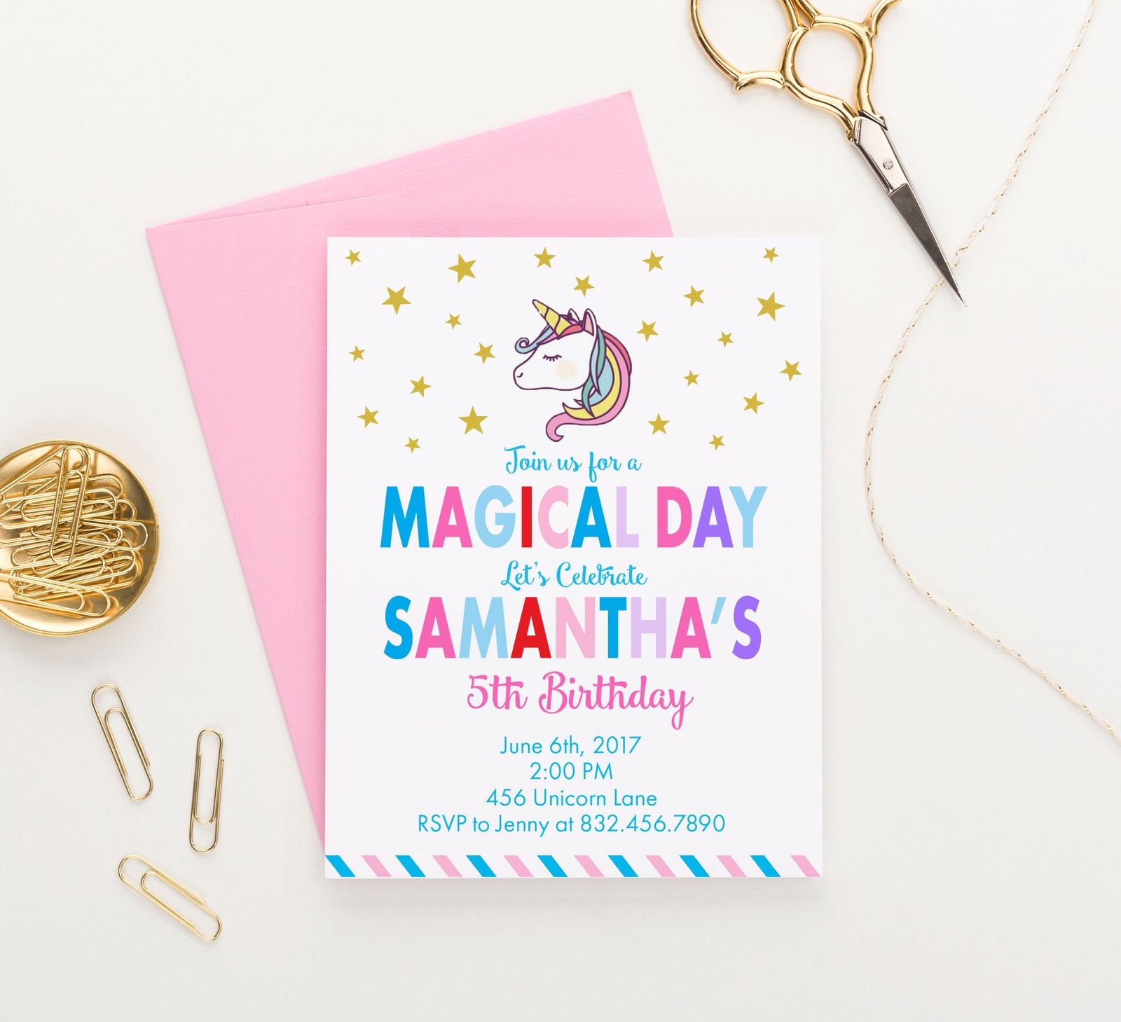 Personalized Rainbow Unicorn Invitations With Stars 