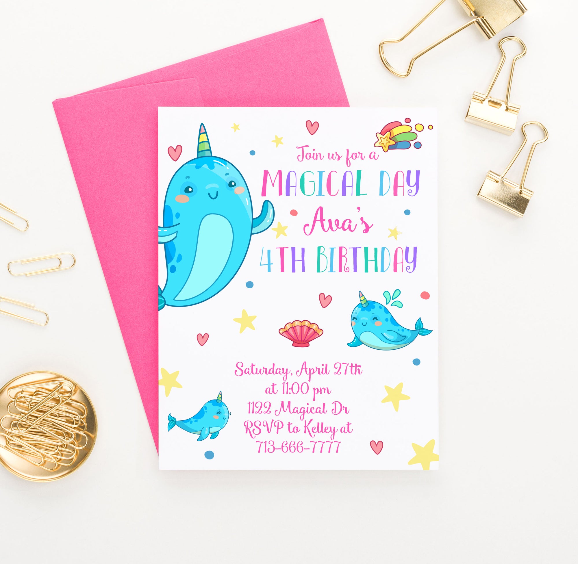 Magical Day Birthday Party Invitations With Narwhals