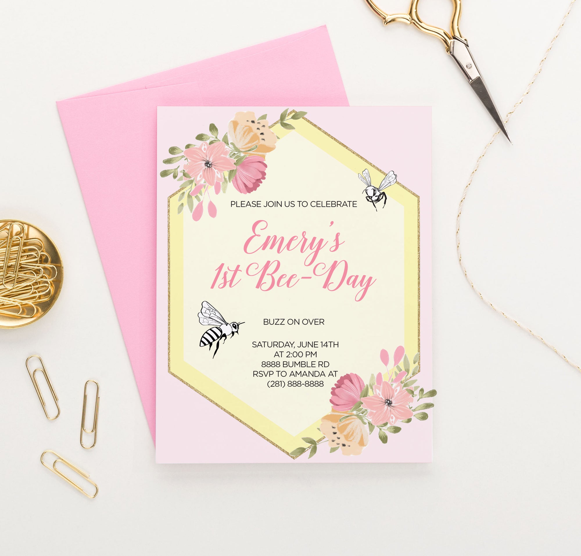 Personalized 1st Bee Day Invitations With Florals