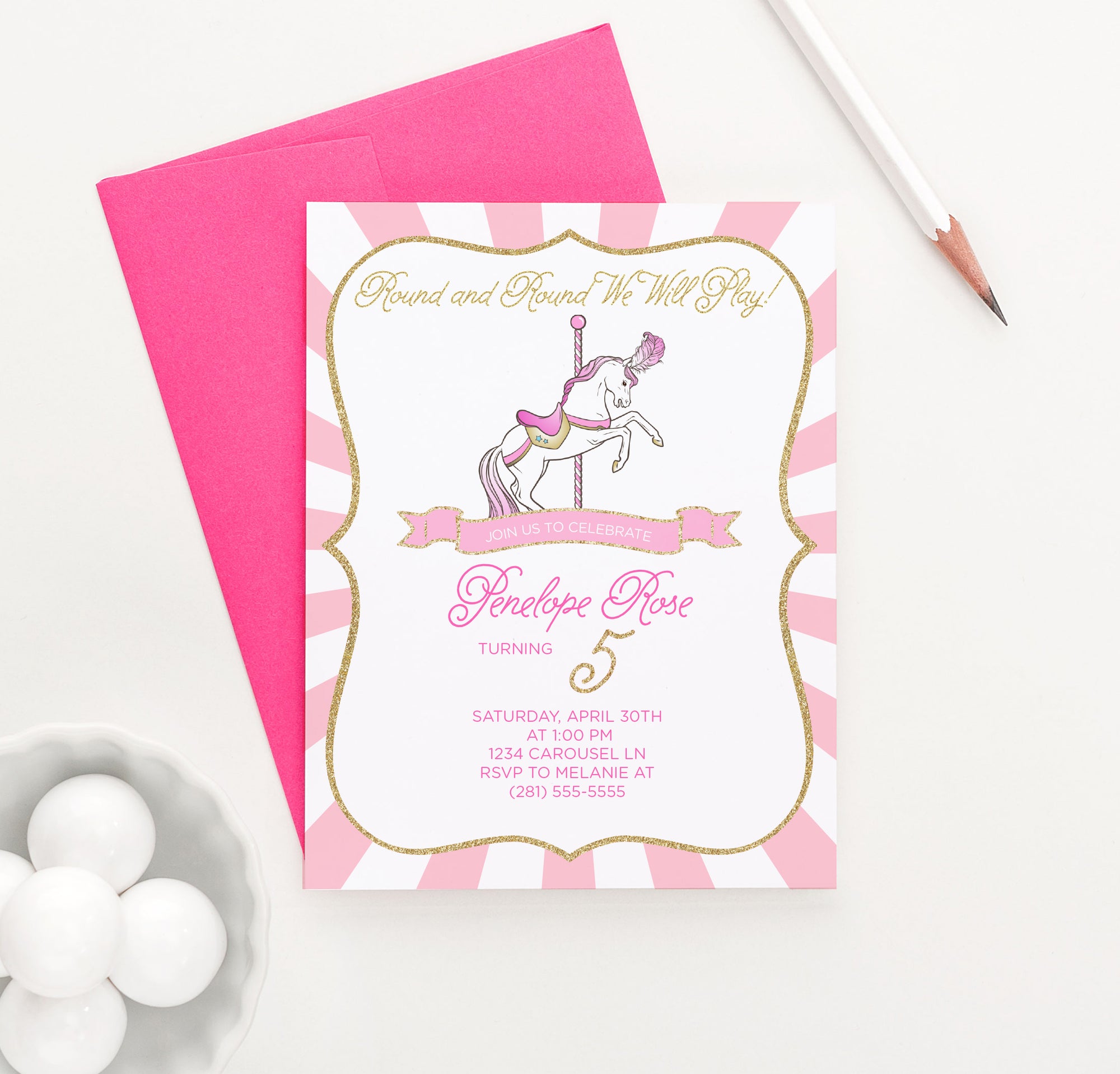 Pink And Gold Birthday Party Invitations With Carousel Horse 
