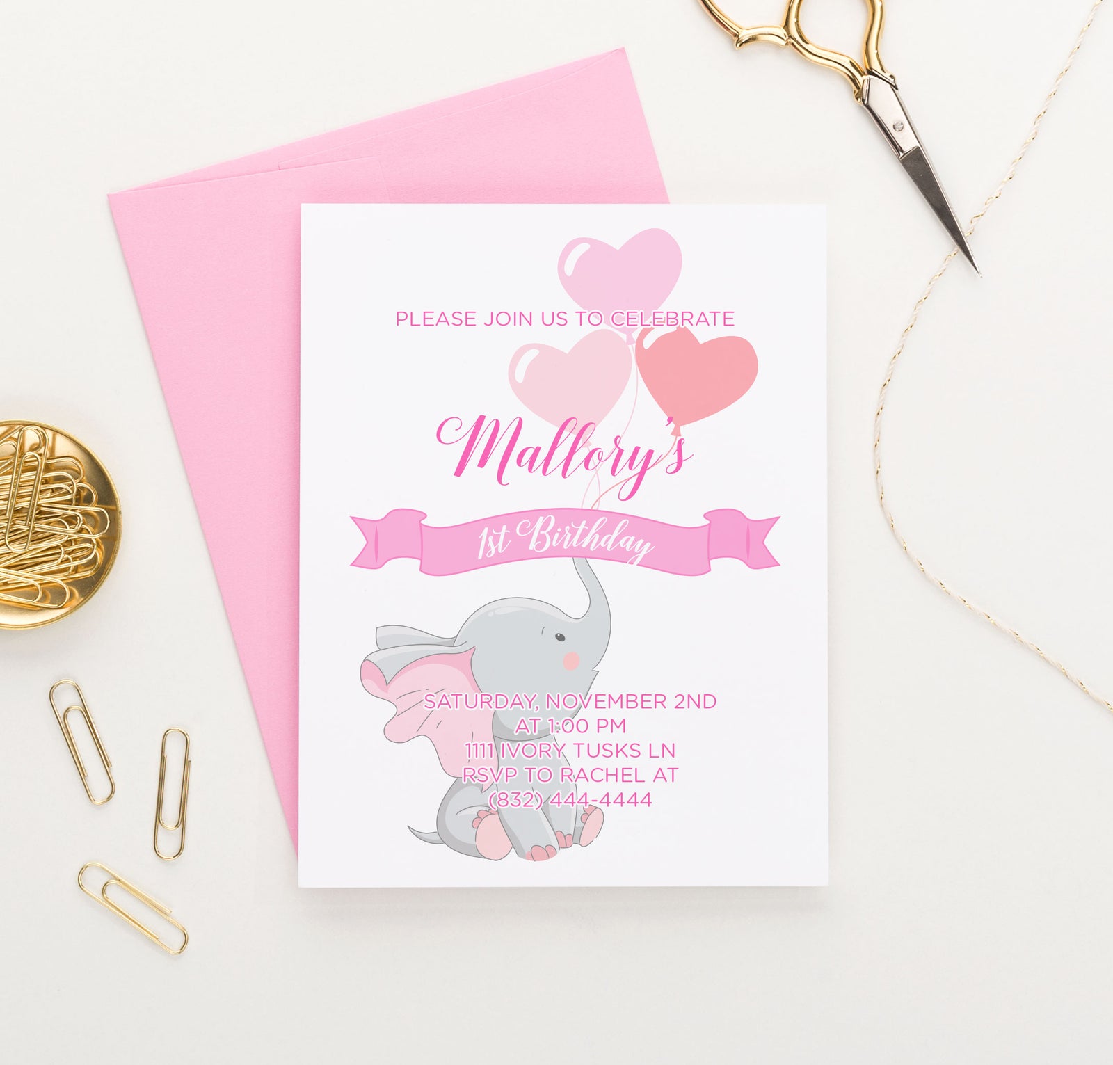 Personalized Pink 1st Birthday Invitations With Baby Elephant