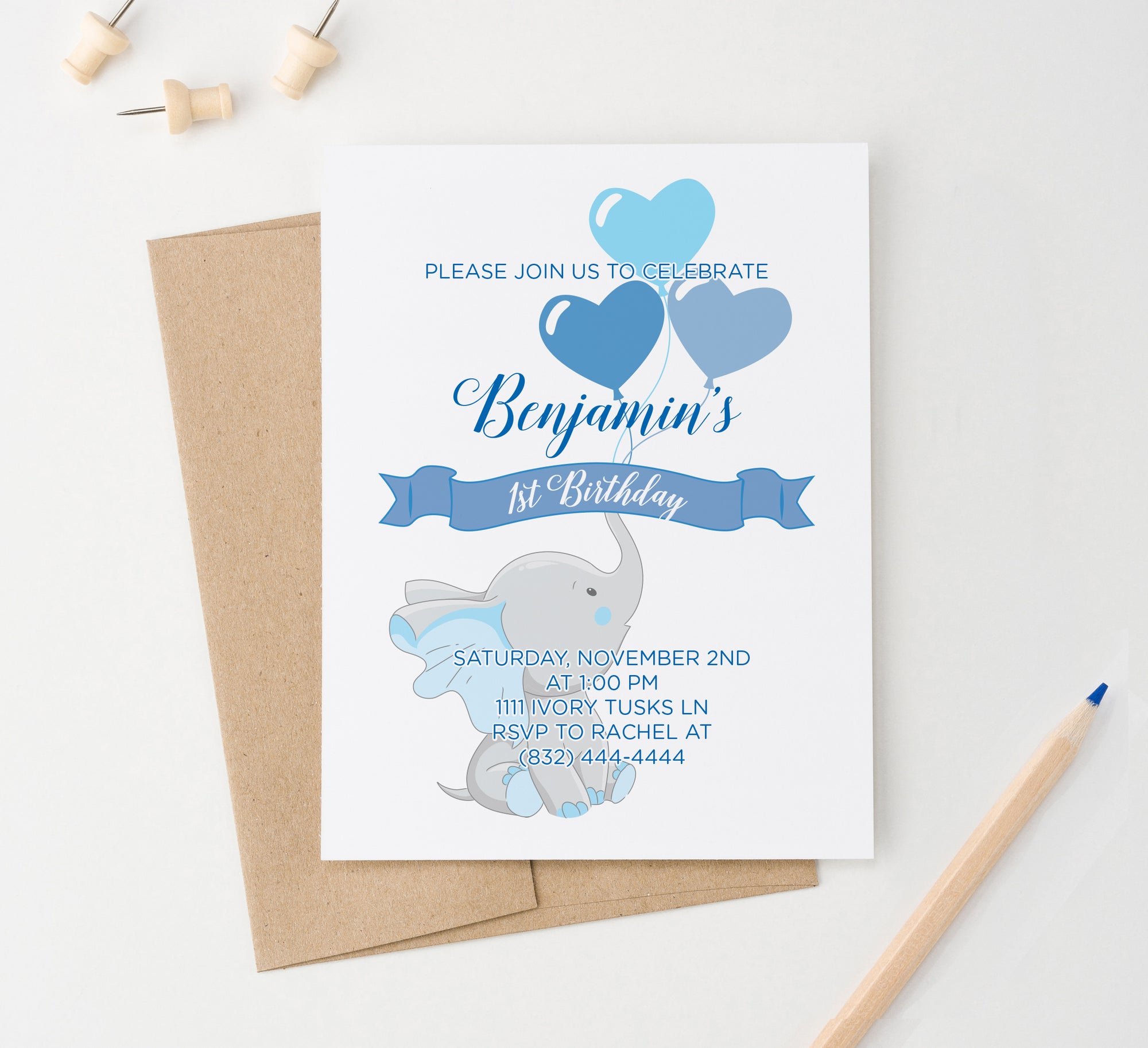 Blue 1st Birthday Invitations With Baby Elephant Personalized