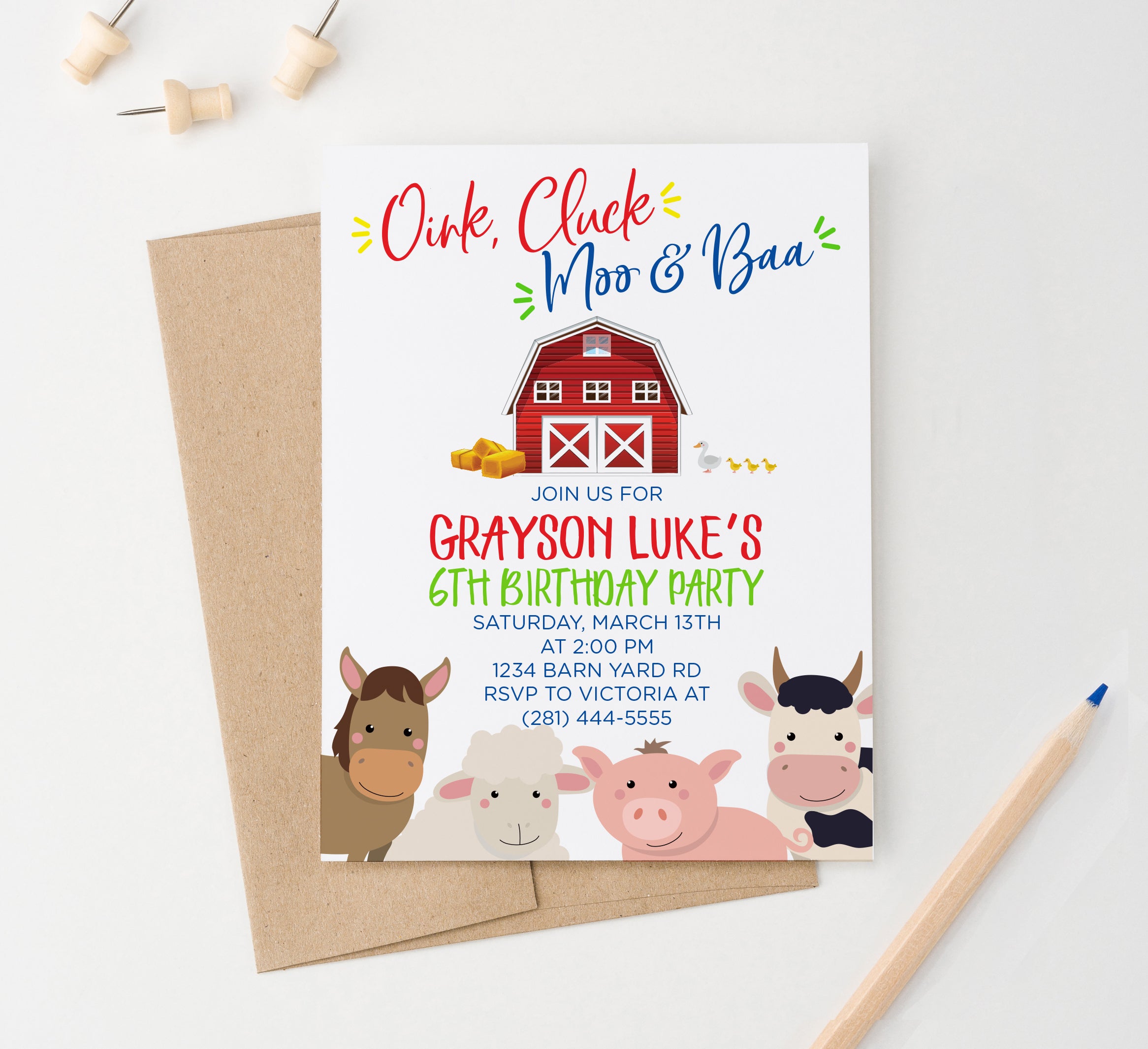 Personalized Barnyard Birthday Invitations With Farm Animals - Modern Pink  Paper, image size:2332x2130