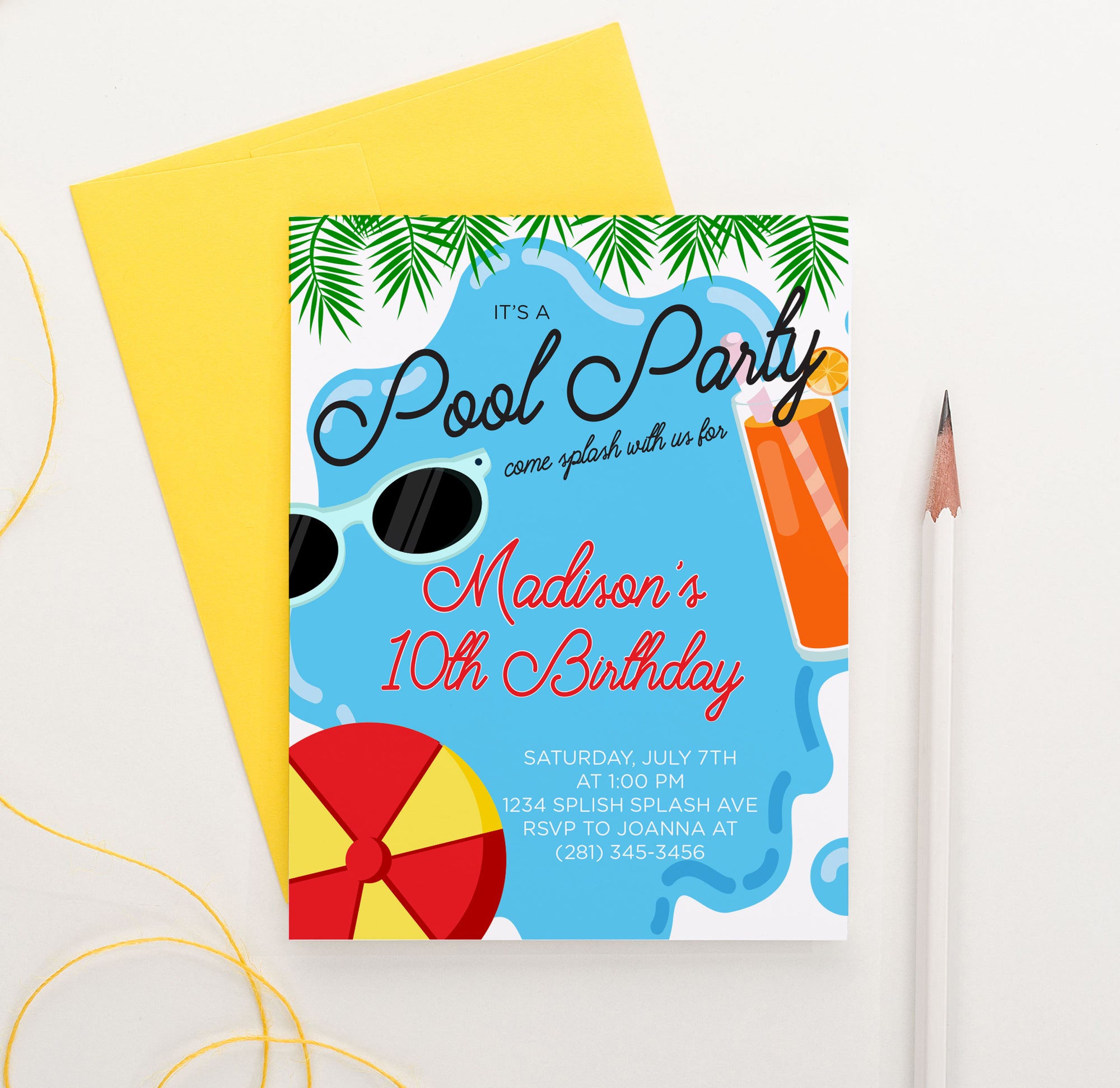 Personalized Pool Party Birthday Invitations