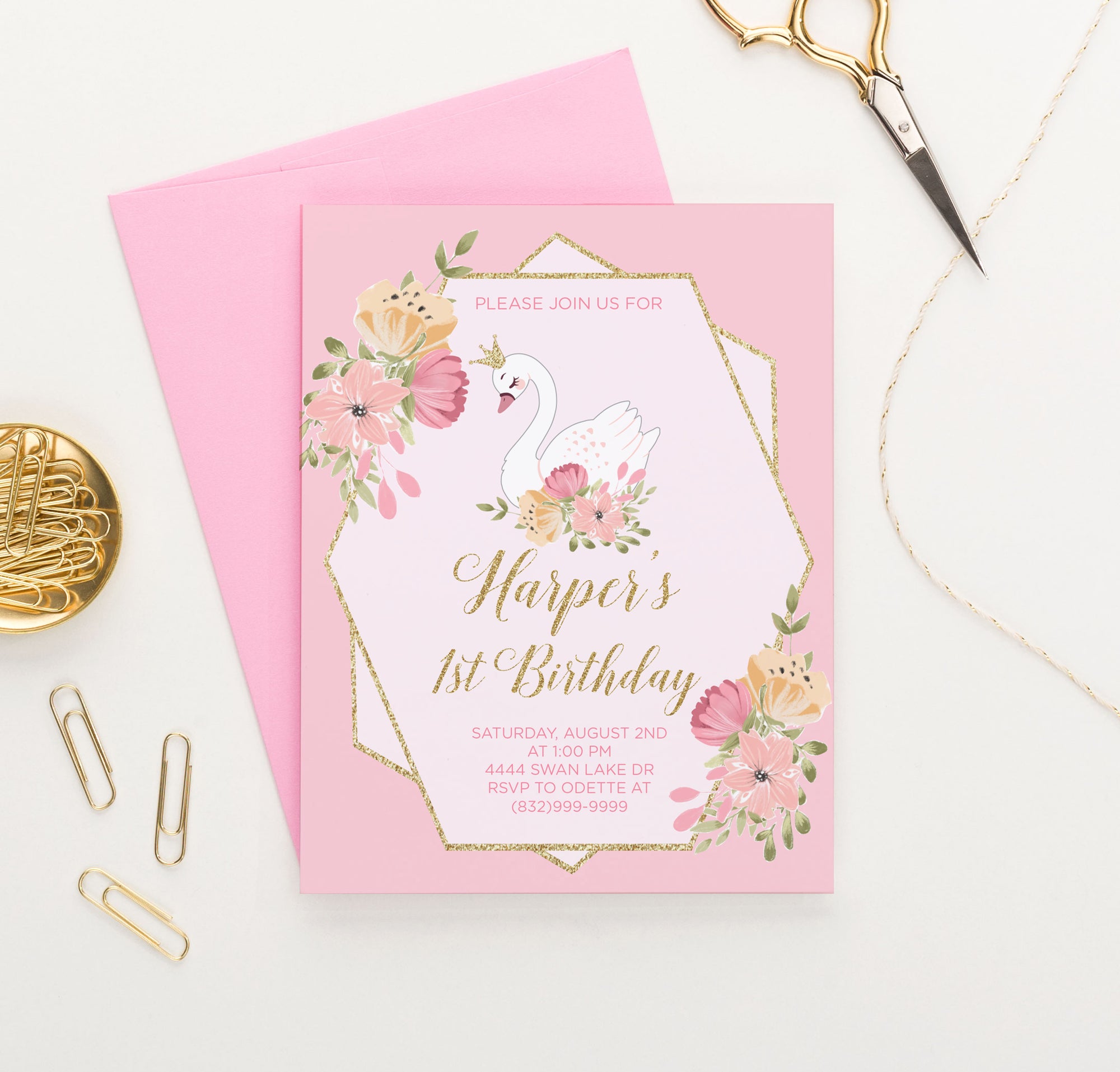 Personalized Pink Floral Birthday Invitations With Swan