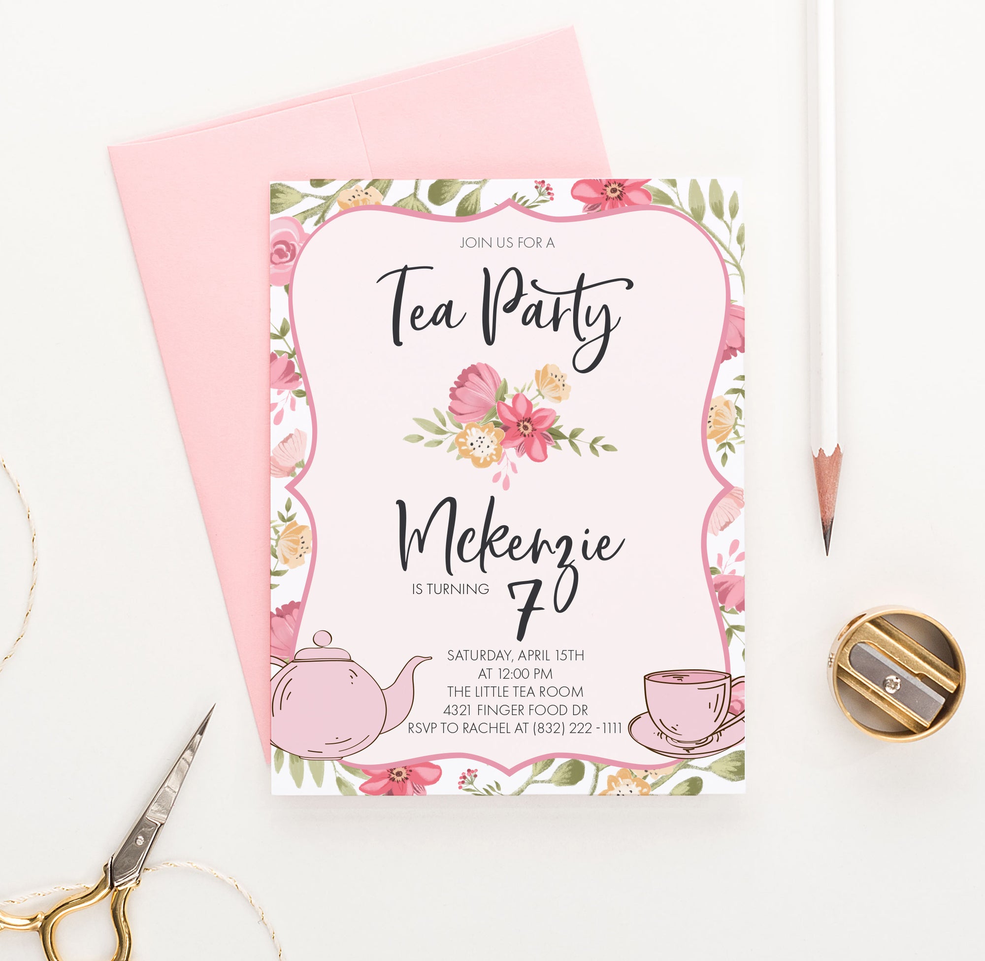 Personalized Tea Party Birthday Invitations With Florals