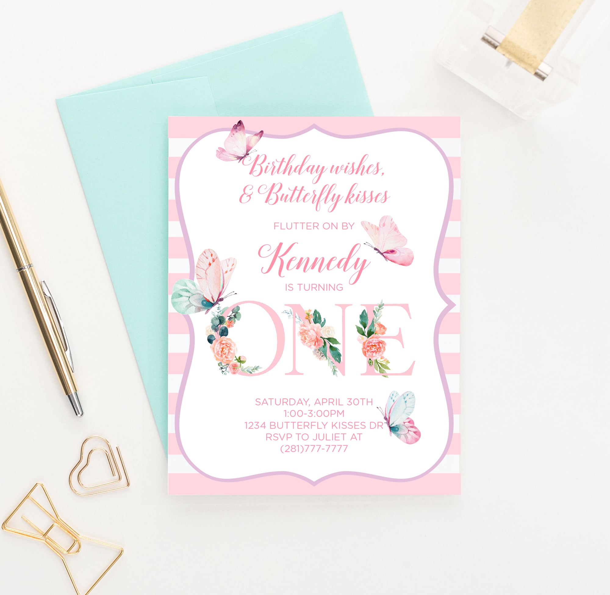 Pink Butterfly Birthday Invitations Personalized