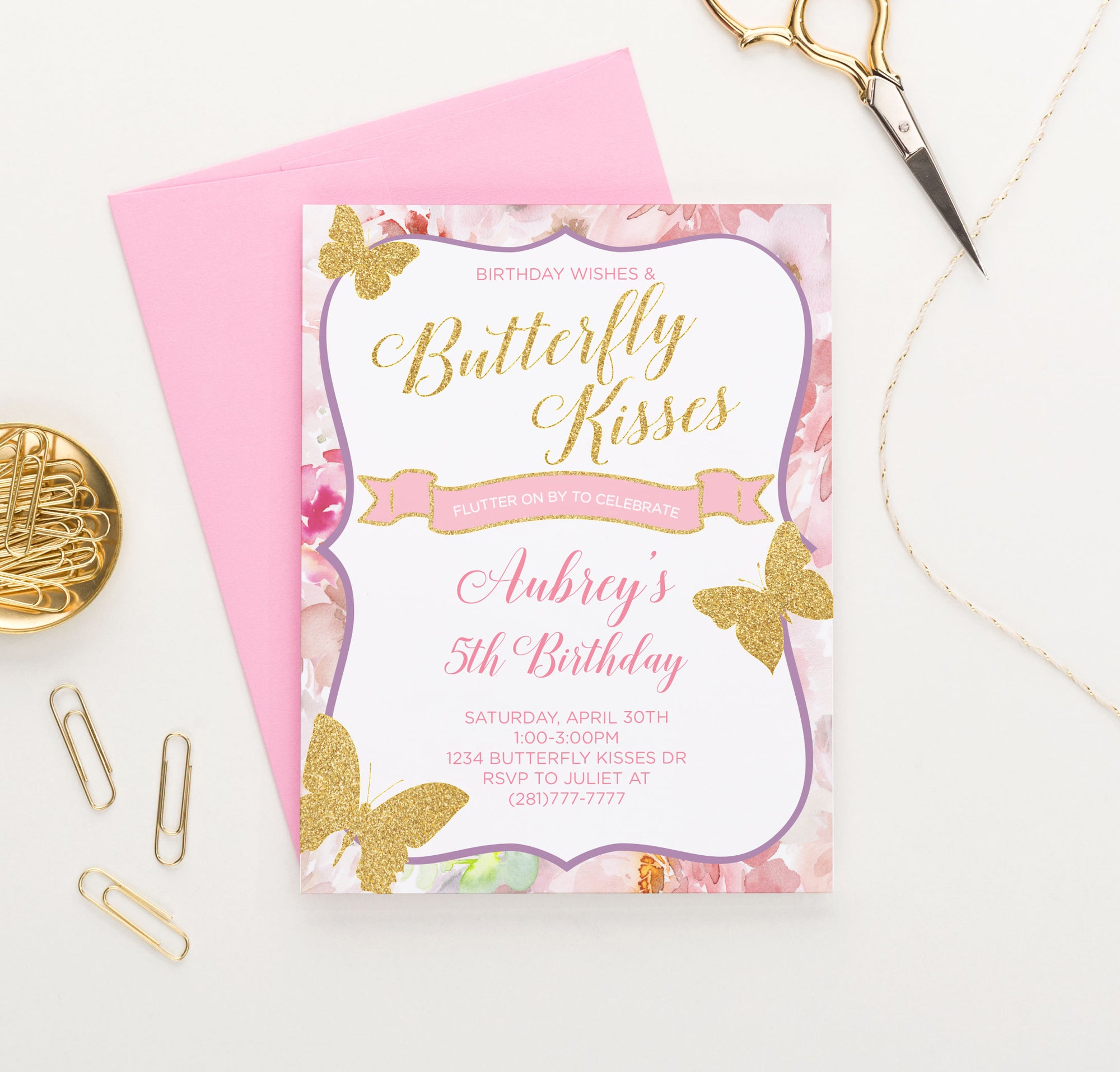 Pink And Purple Birthday Invitations With Gold Butterflies