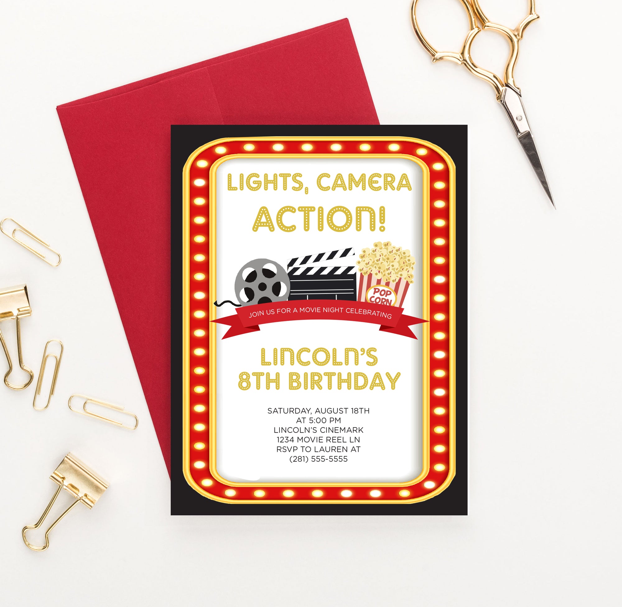 Lights, Camera, Action Movie Birthday Party Invitations