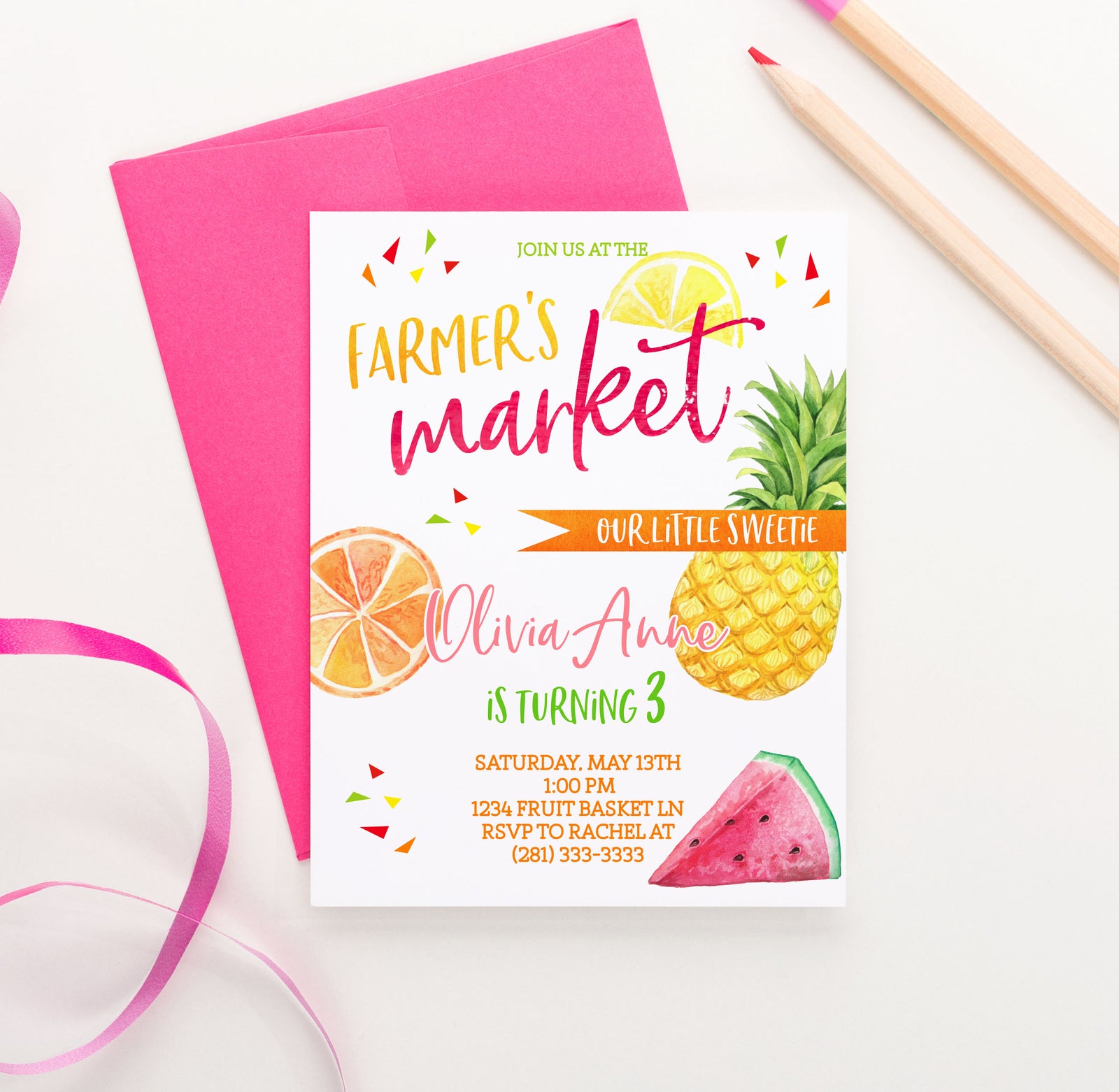 Farmer's Market Birthday Party Invitations With Fruits