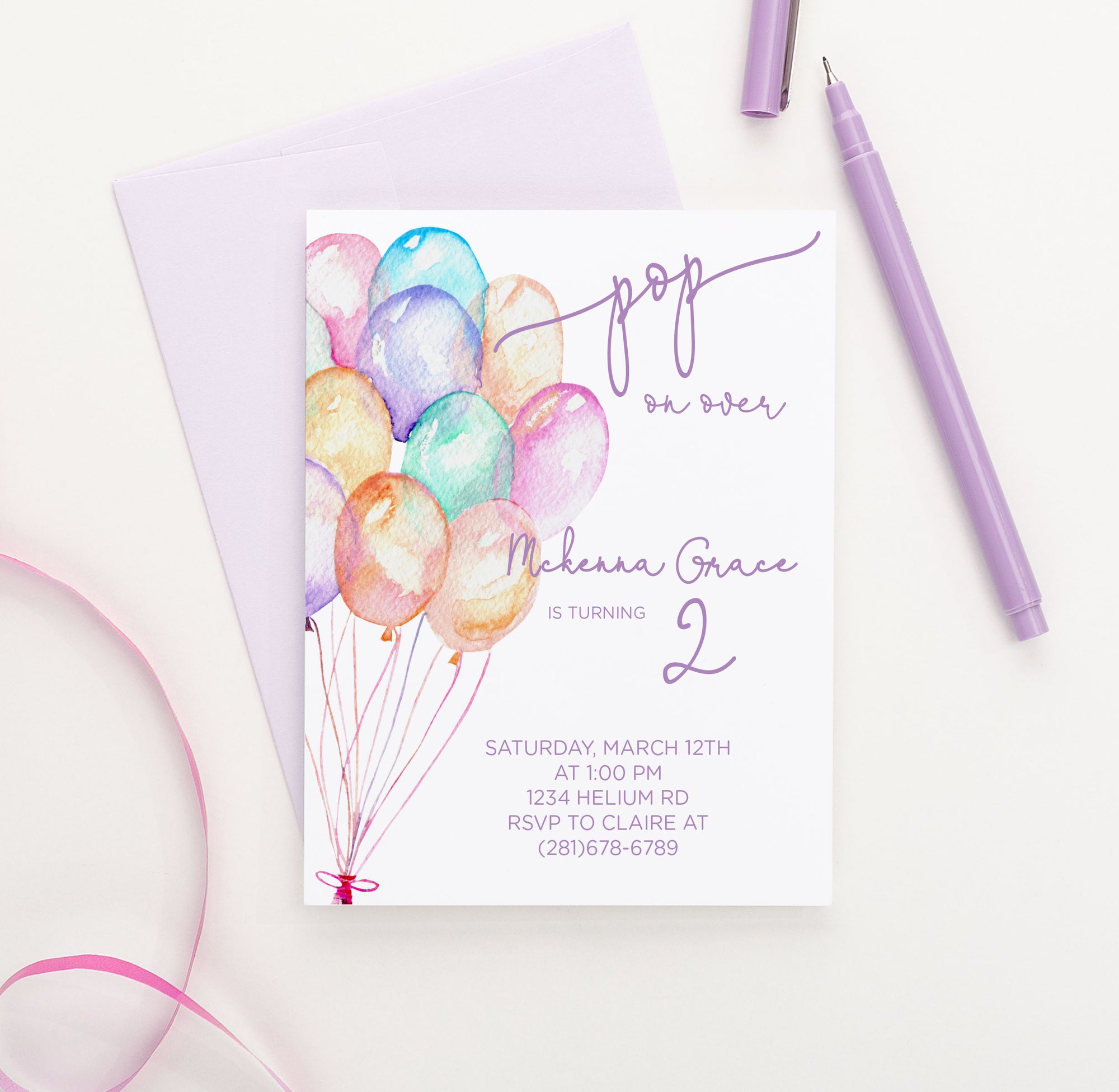Pop On Over Girls Birthday Invitations With Watercolor Balloons