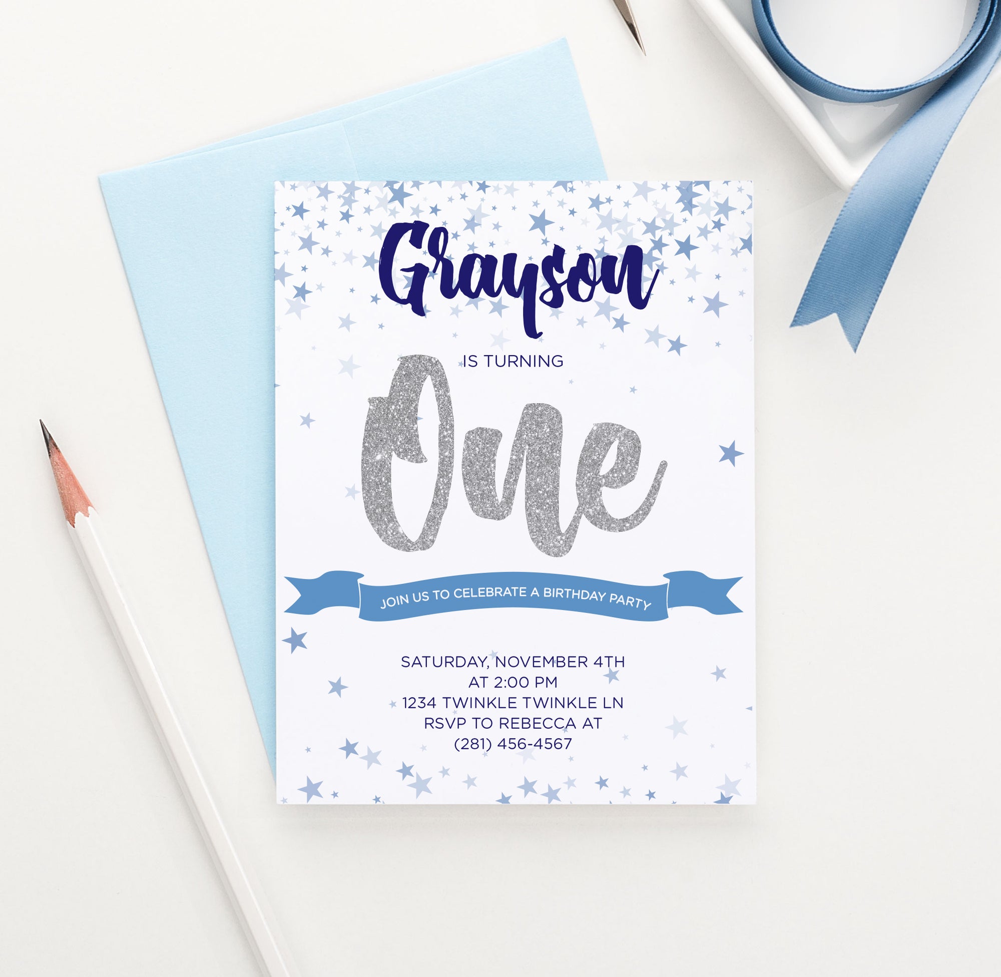 Silver Birthday Party Invitations With Blue Stars