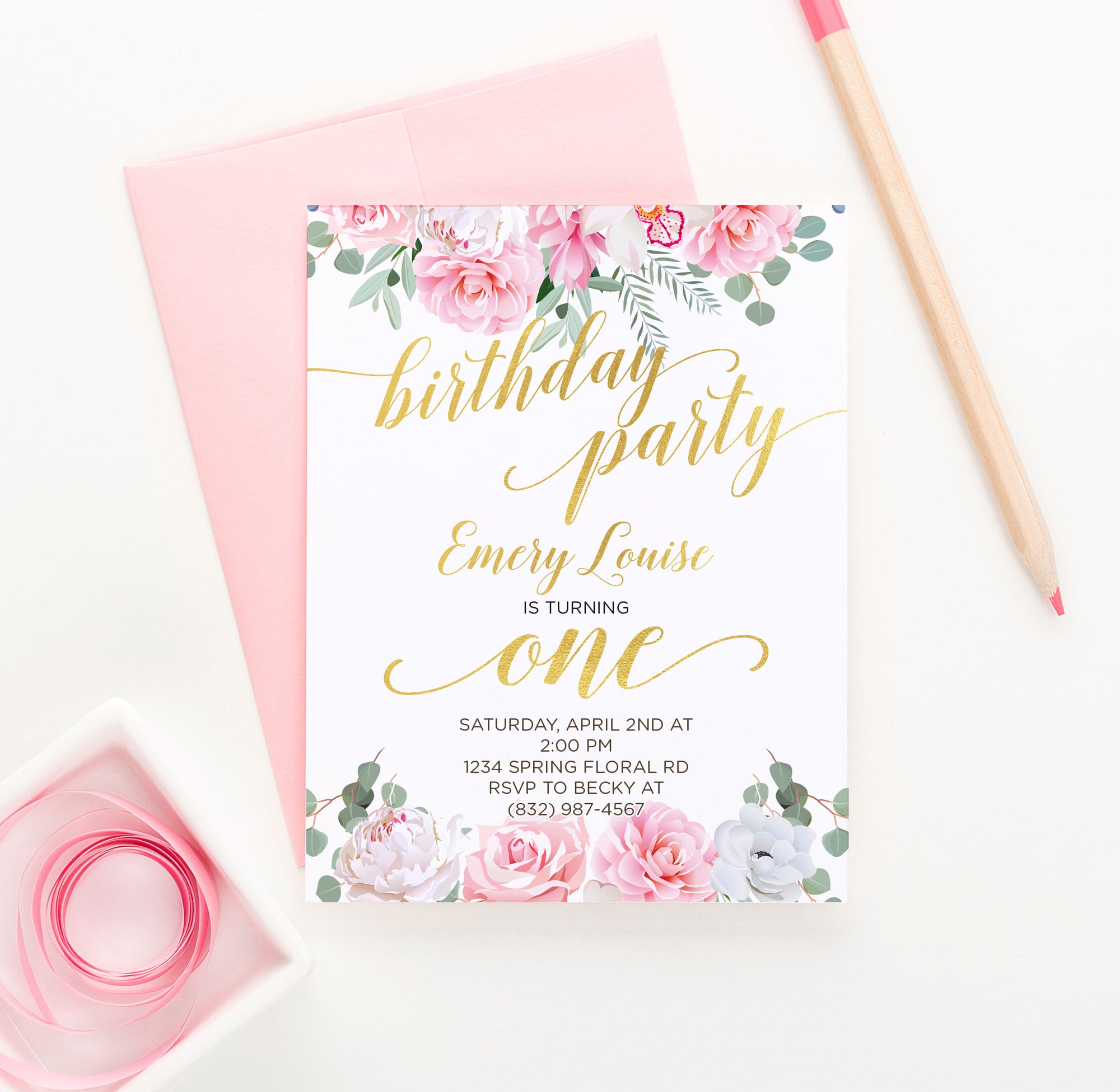 Gold Birthday Party Invitations With Pink Florals