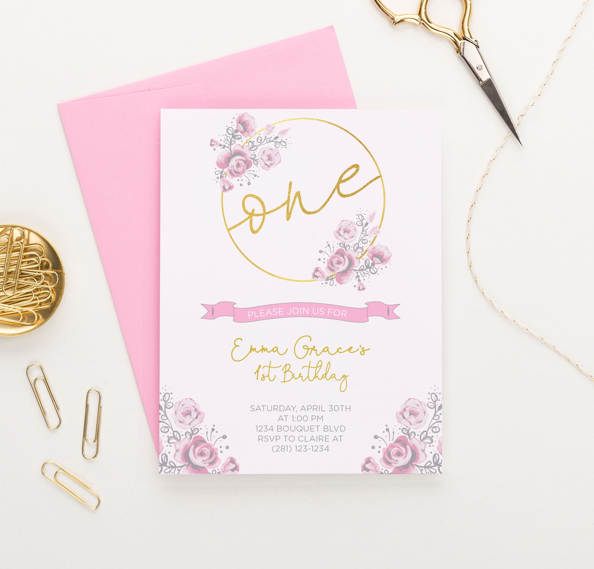 Personalized Gold 1st Birthday Invitations With Soft Pink Florals