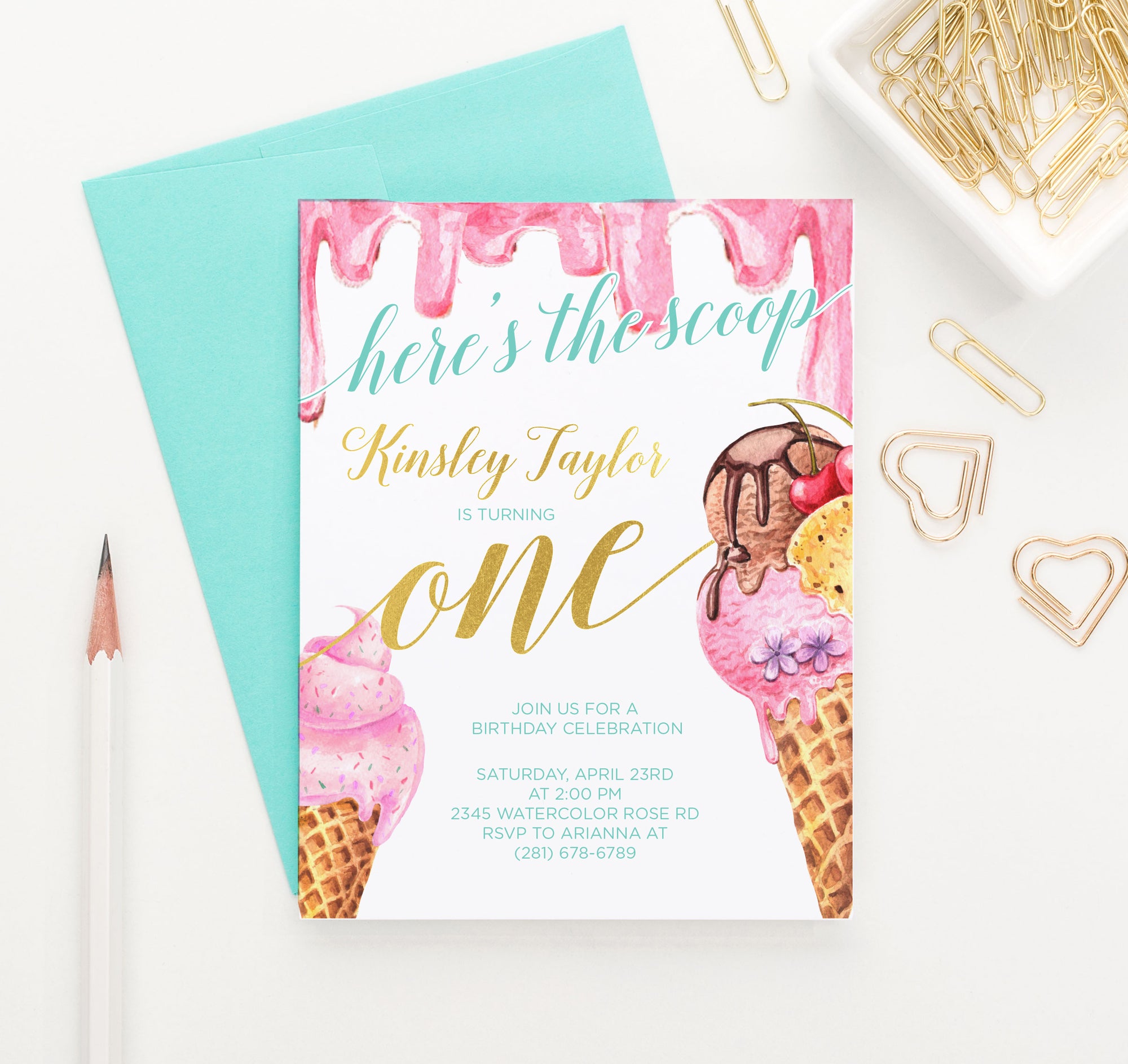 Here's The Scoop Gold Birthday Party Invitations With Ice Cream