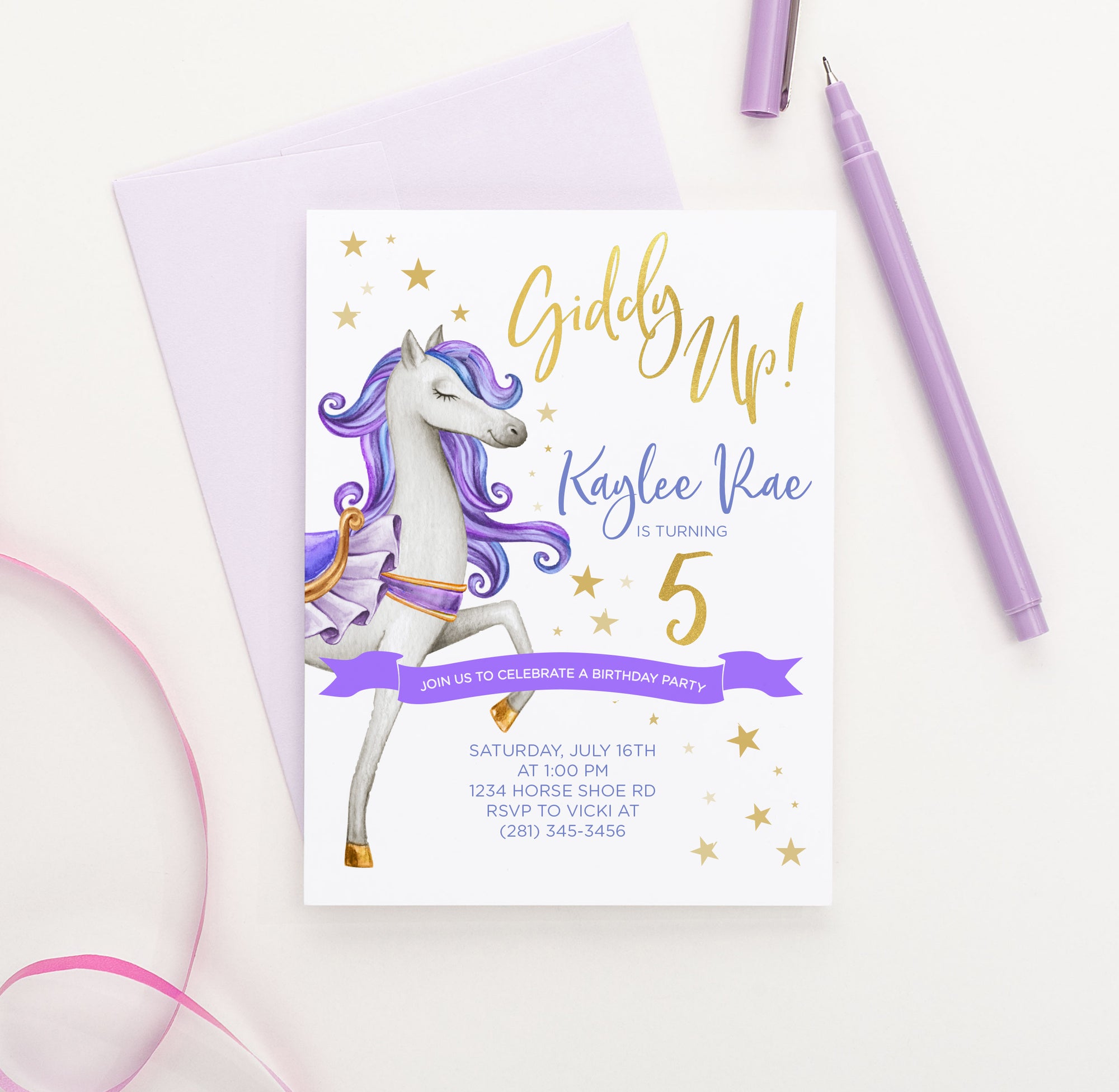Giddy Up Purple Horse Birthday Invitations With Gold Stars