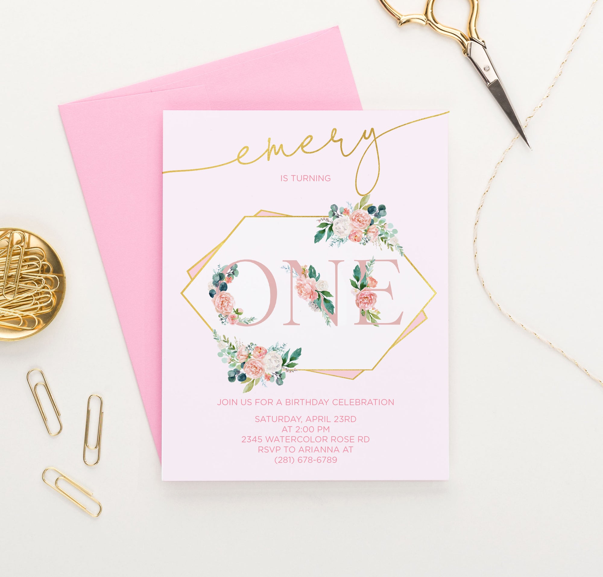 Floral Letters Pink Birthday Invitations Personalized