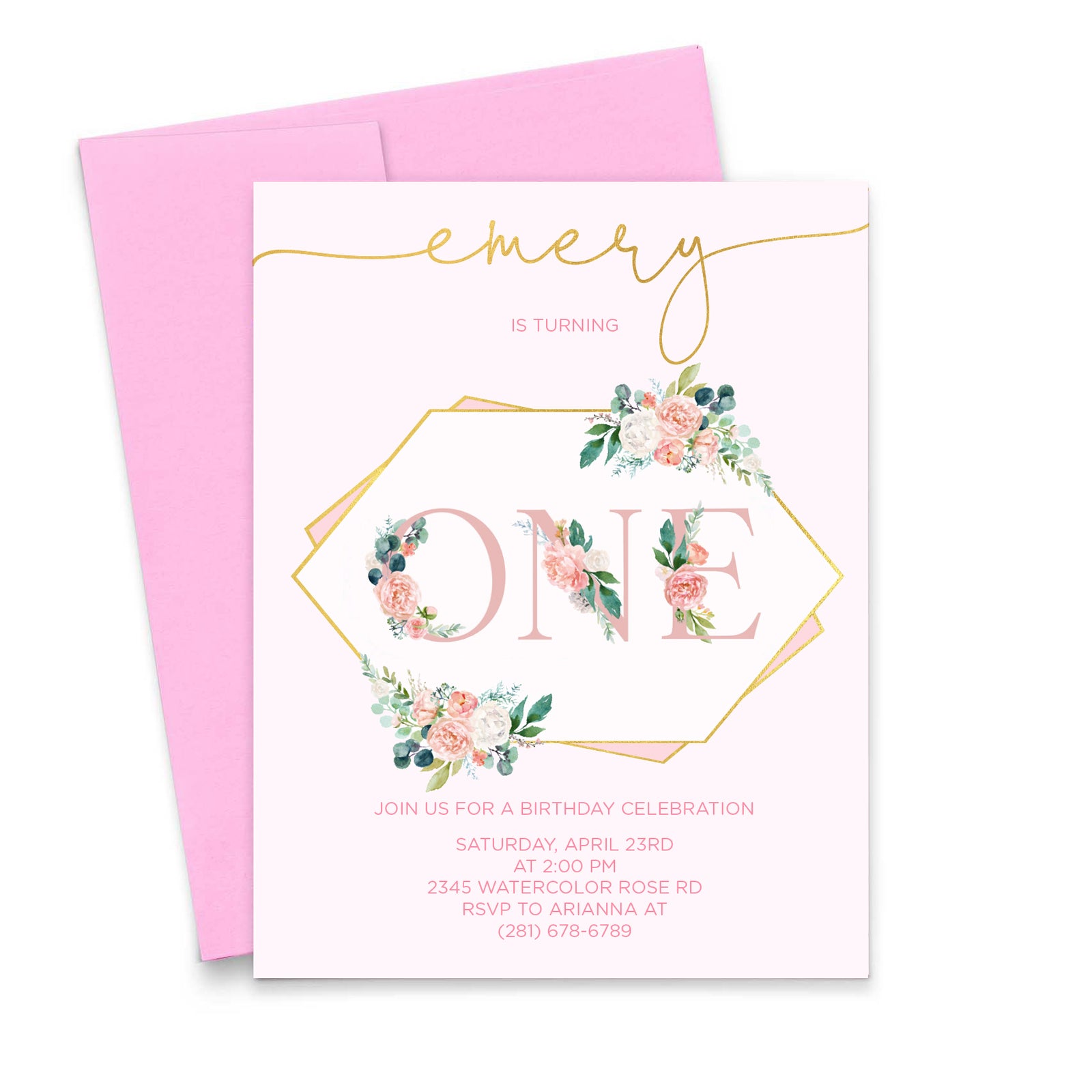Floral Letters Pink Birthday Invitations Personalized