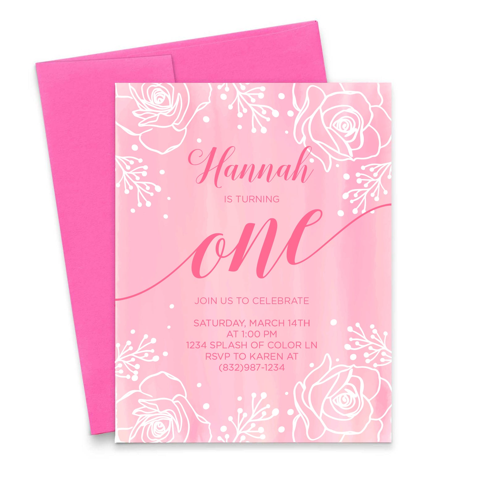 Pink Watercolor White Floral Birthday Invitations Personalized