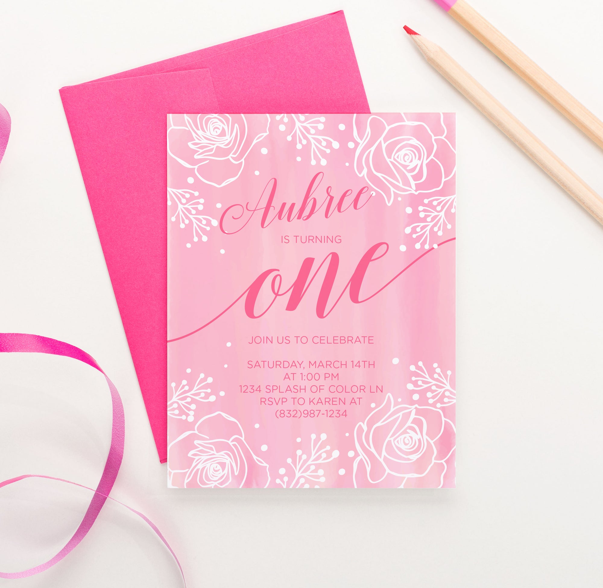 Pink Watercolor White Floral Birthday Invitations Personalized