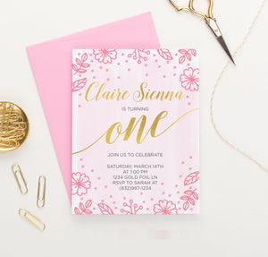 Personalized Watercolor Pink Floral Birthday Invitations With Gold