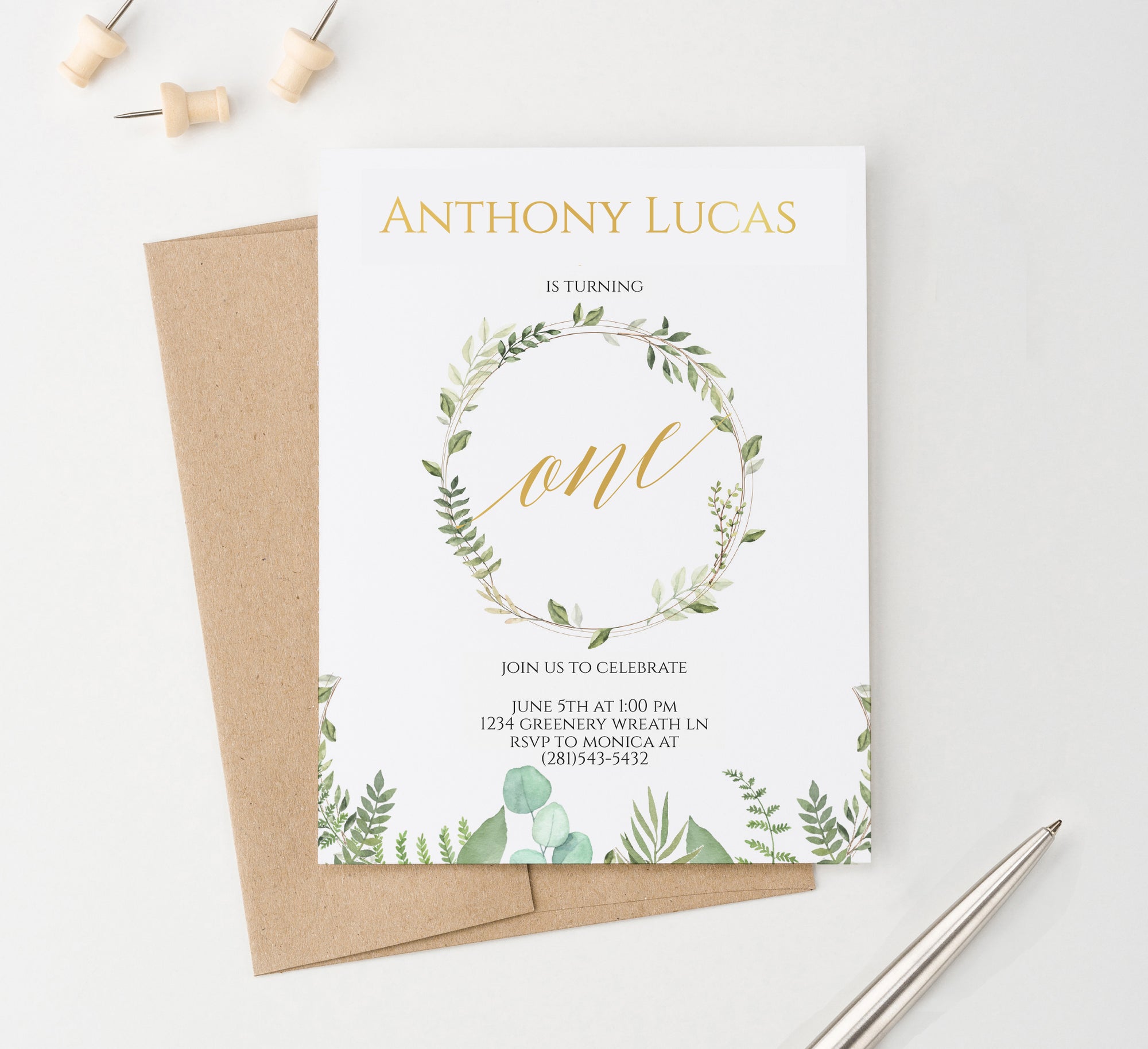 Personalized Greenery Wreath Birthday Party Invitations With Gold
