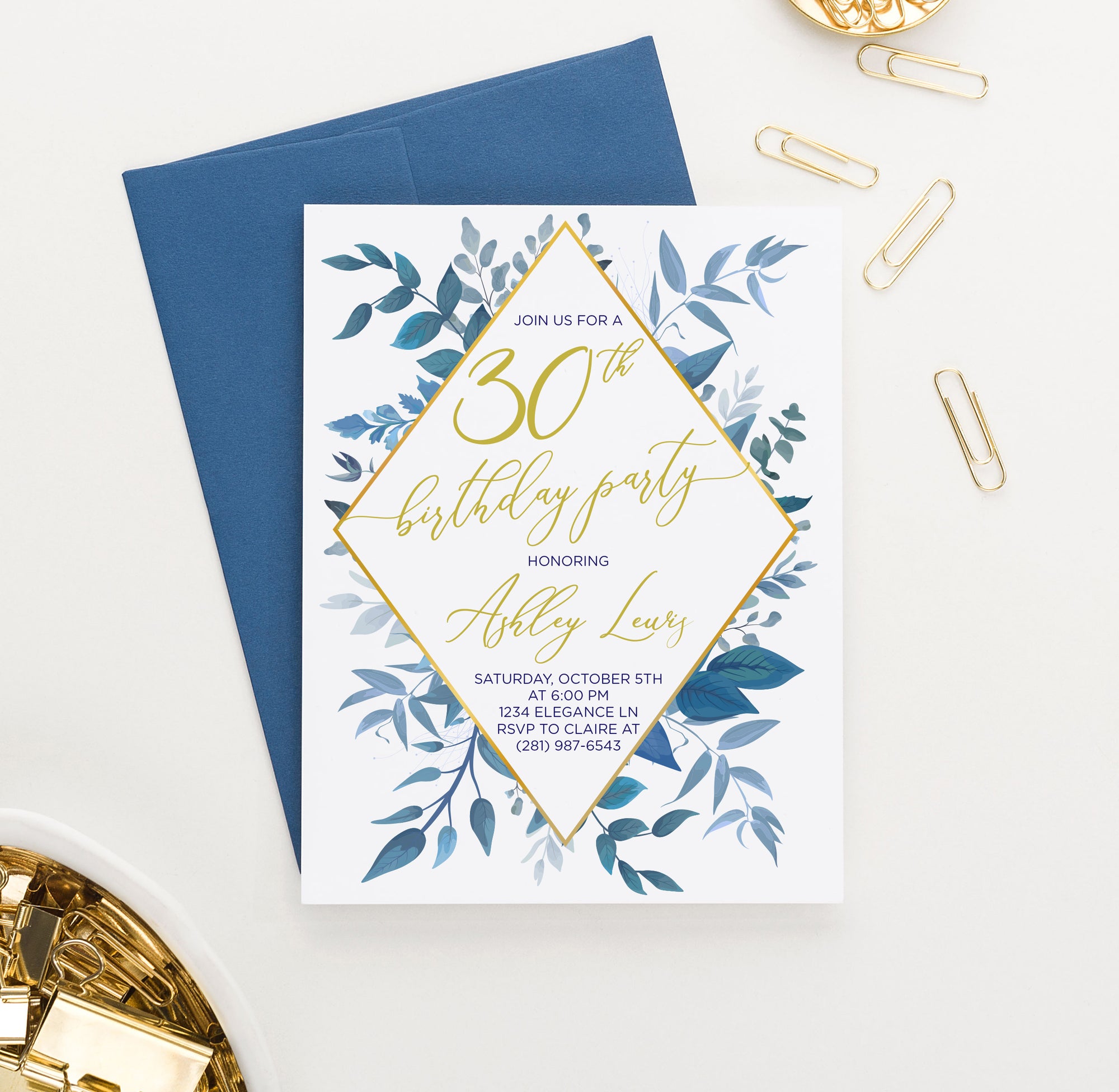 Personalized Blue Greenery 30th Birthday Invitations With Gold Frame