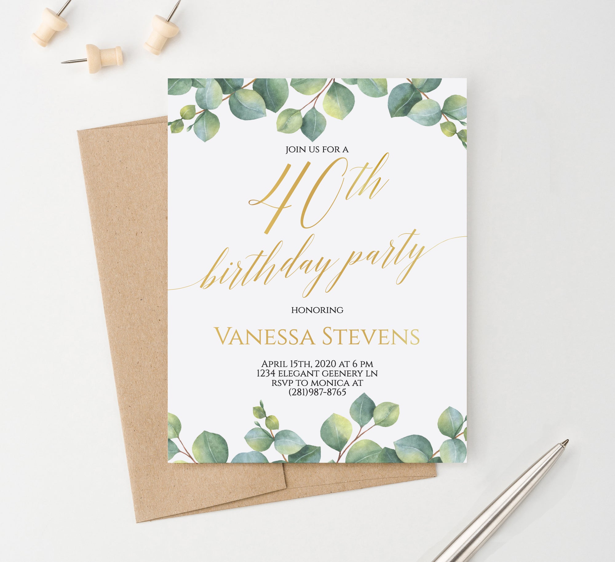 Personalized Elegant Greenery 40th Birthday Invitations With Gold