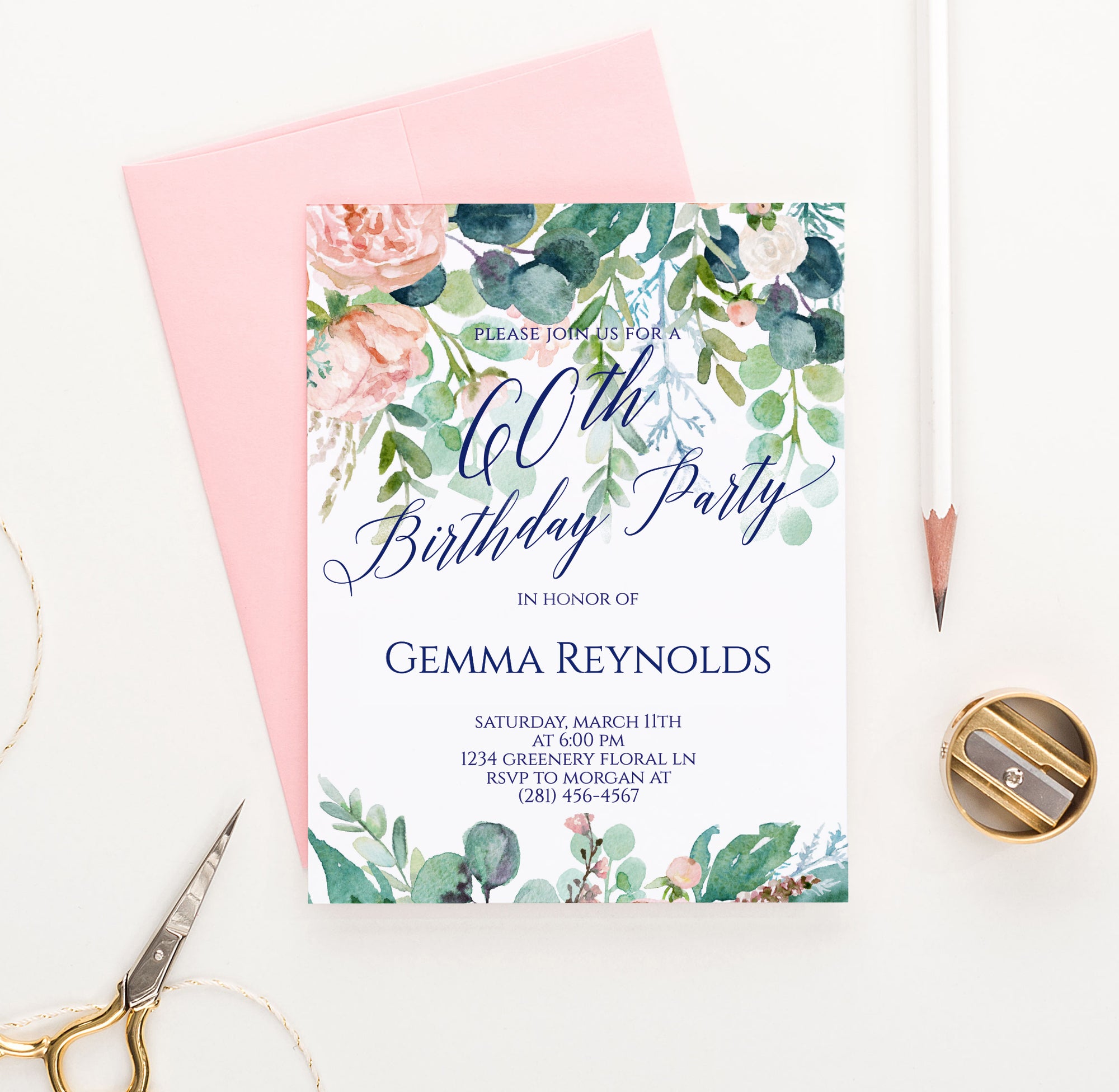 Watercolor Greenery 60th Birthday Party Invitations Personalized