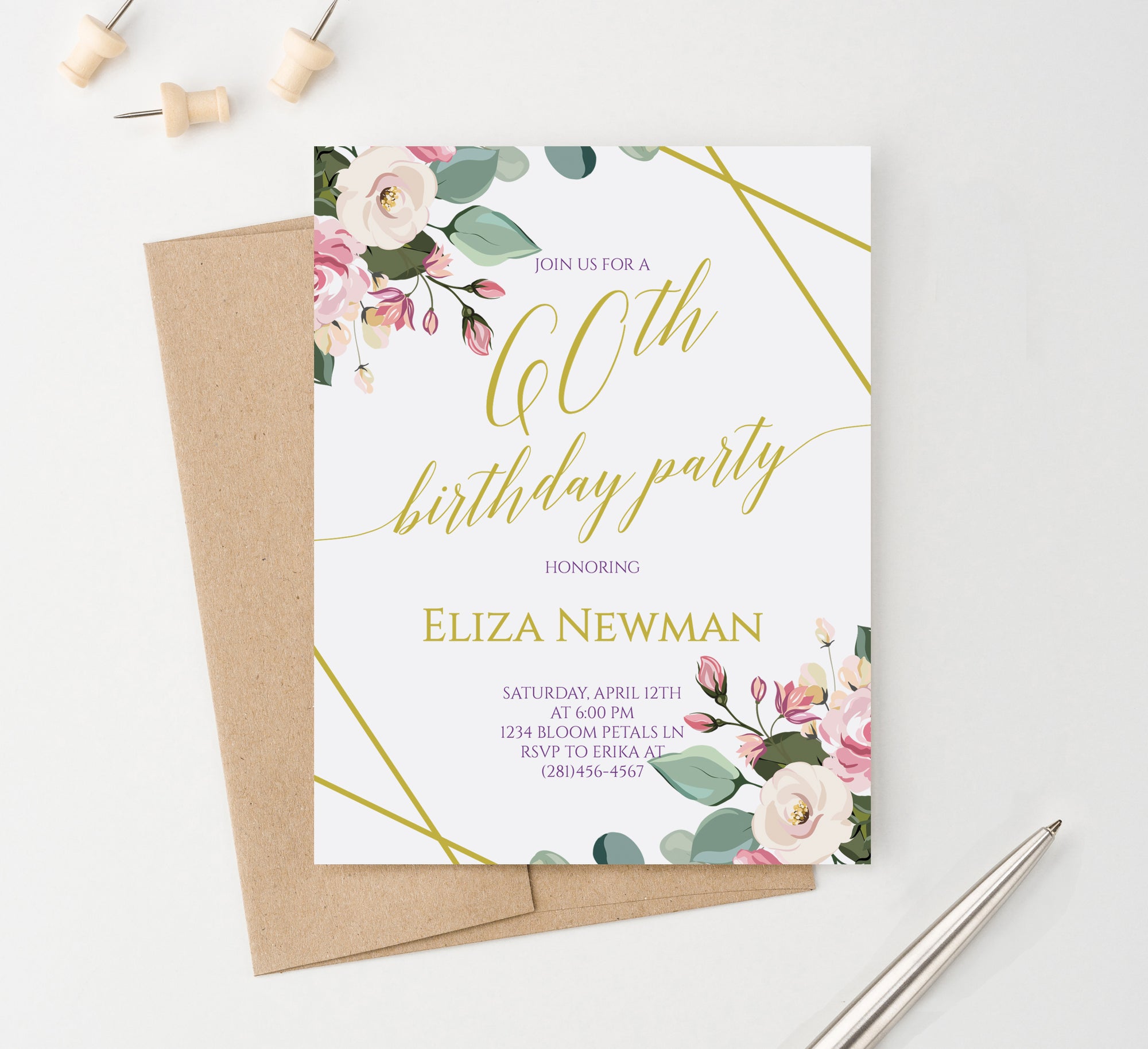 Personalized 60th Birthday Party Invitations With Floral Corners