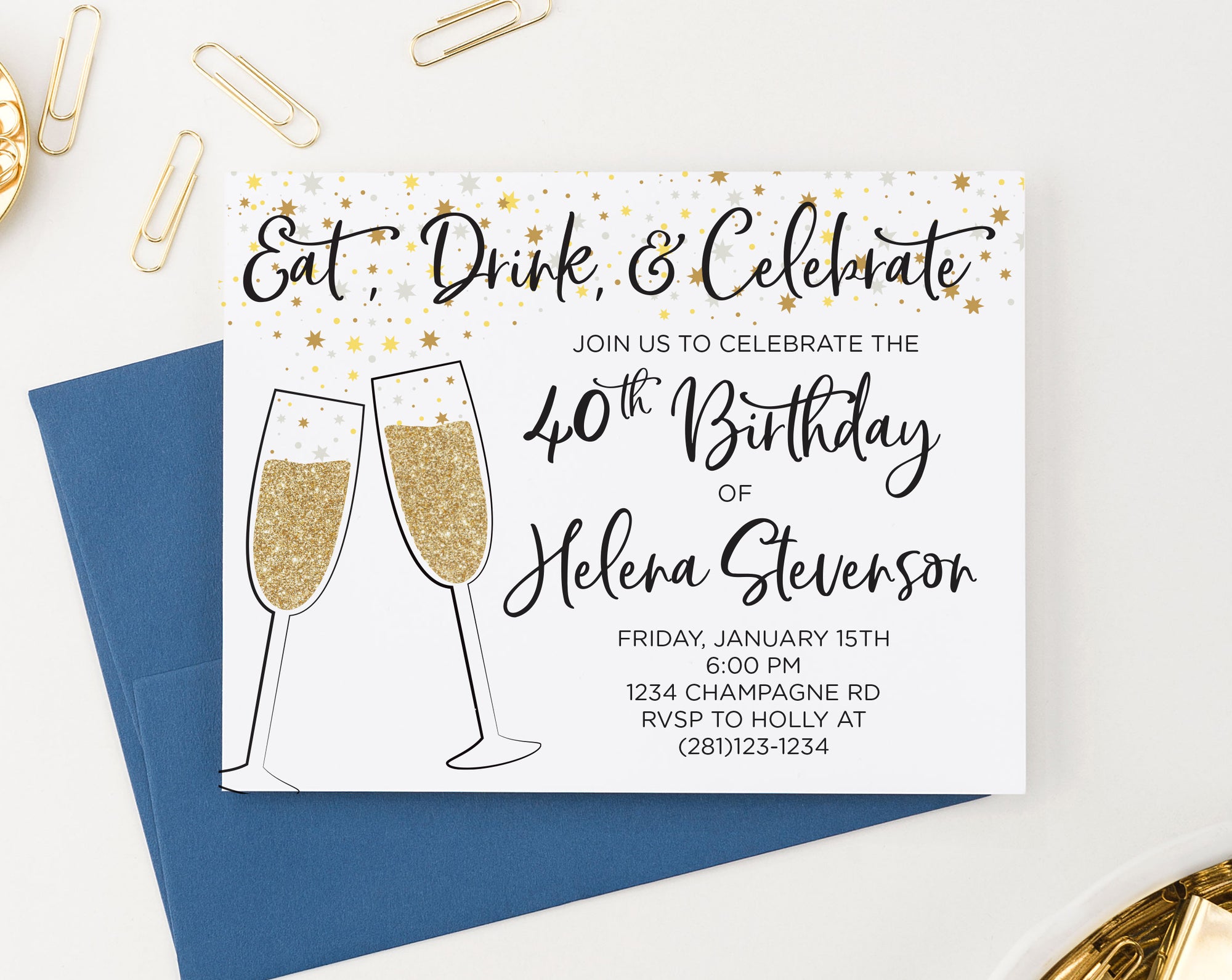 Champagne Glasses 40th Birthday Party Invitations Personalized