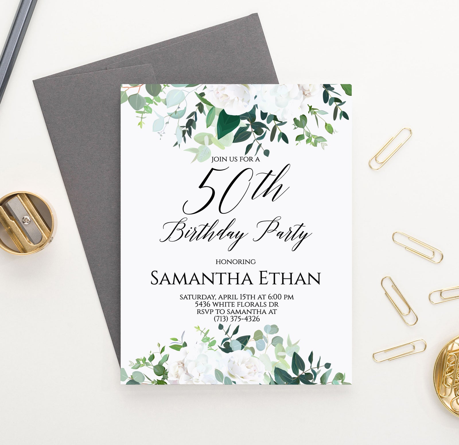 White Floral Greenery 50th Birthday Party Invitations Personalized