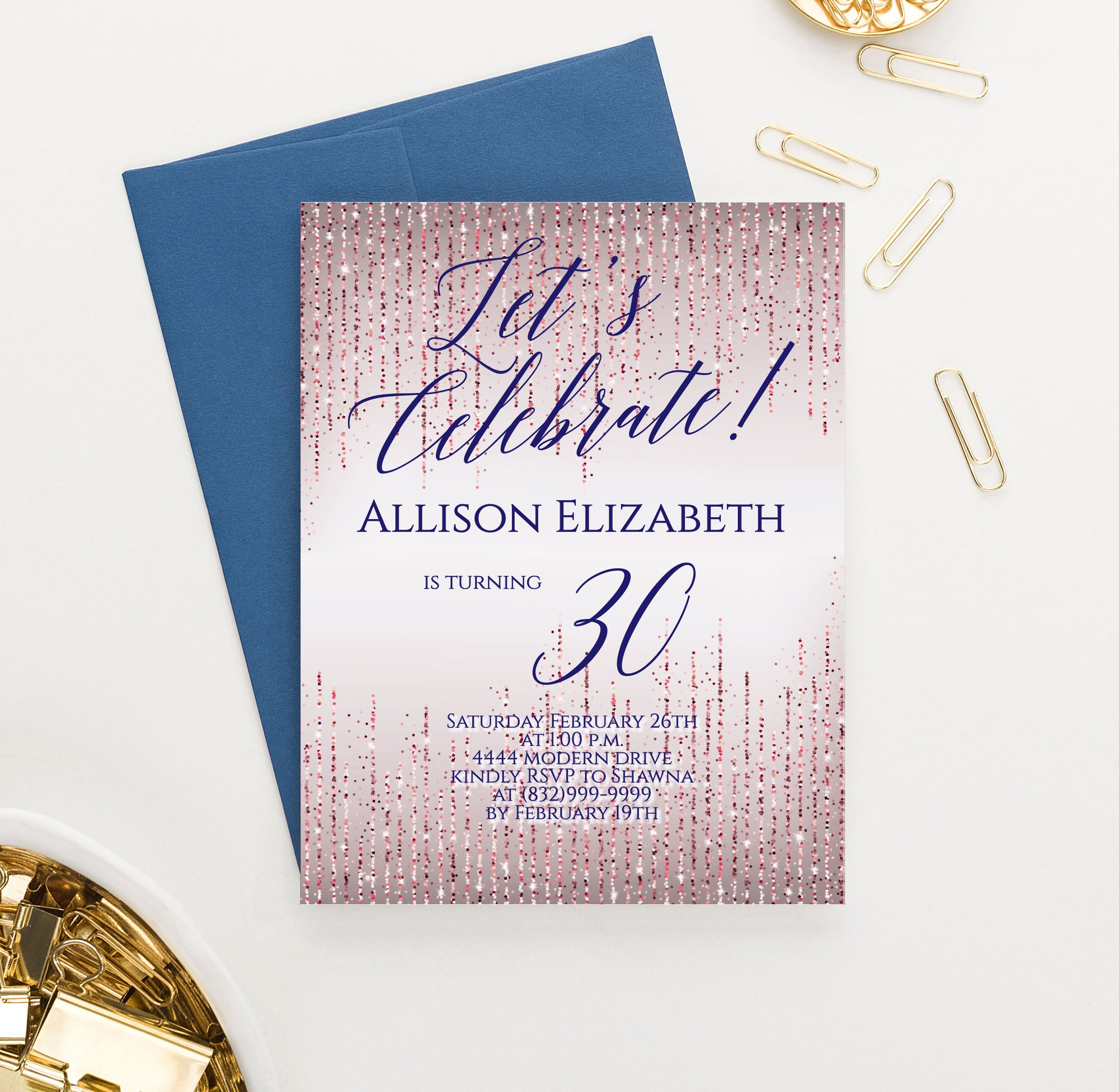 Elegant Rose Gold Glitter 40th Birthday Invitations Personalized