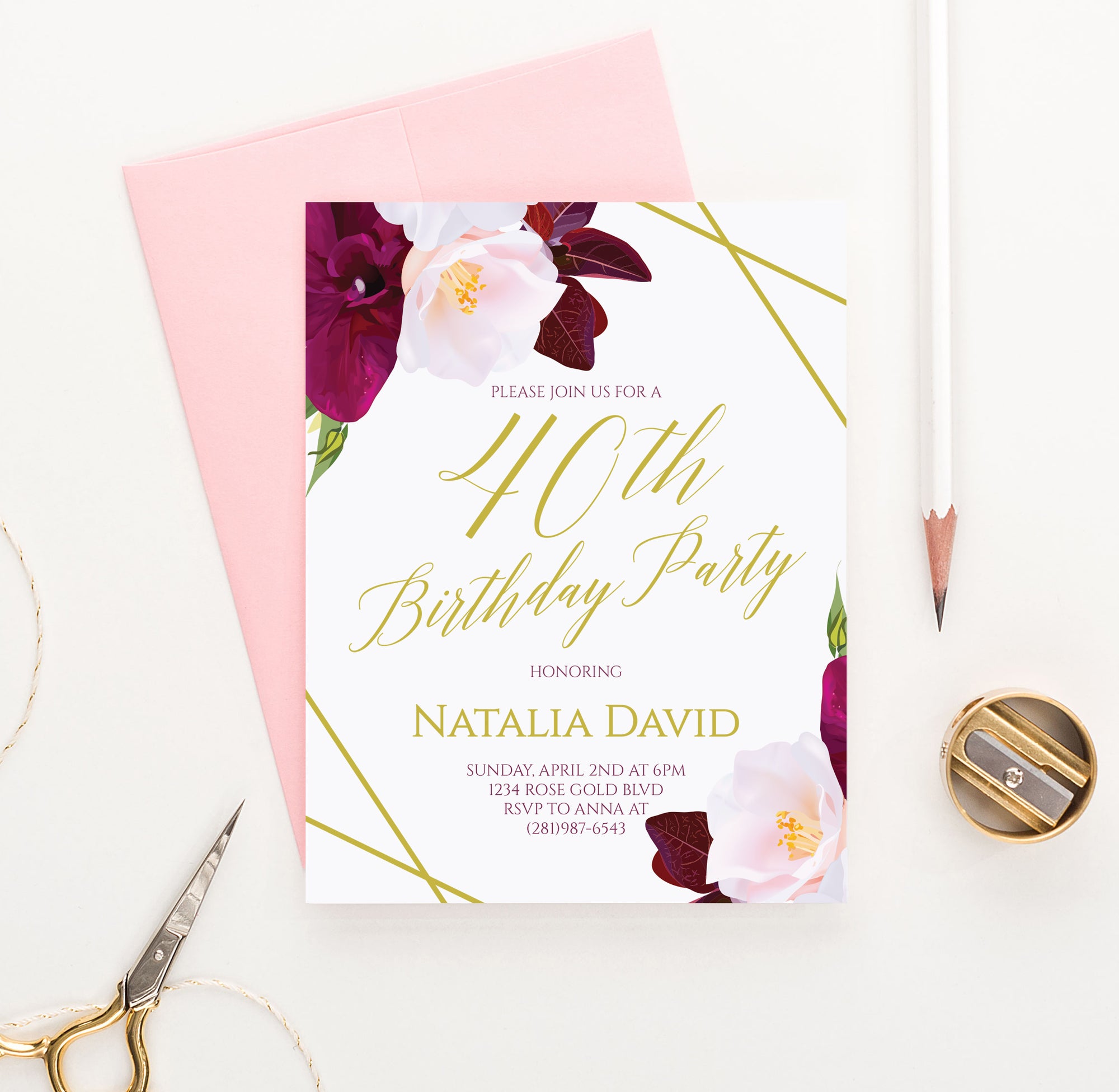 Burgundy And Pink Floral 40th Birthday Party Invitations Personalized