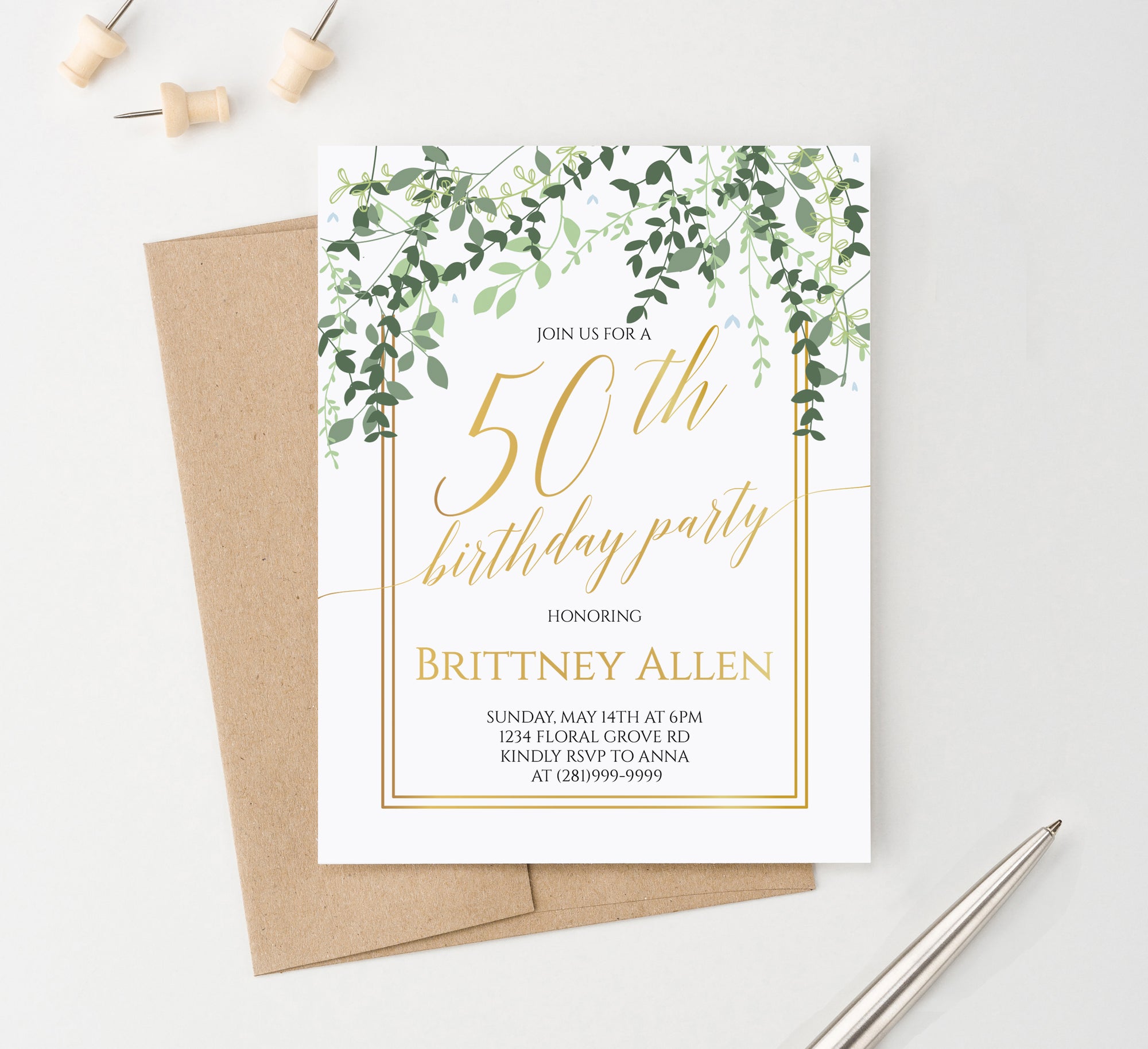 Personalized Greenery 30th Birthday Party Invitations With Gold Frame