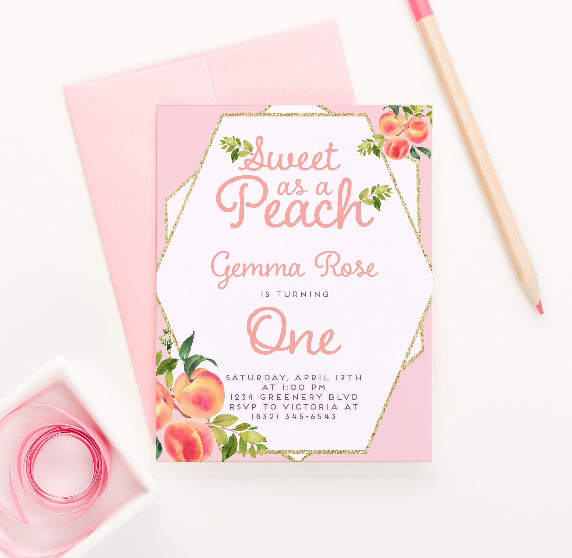 Sweet As A Peach Birthday Party Invitations Personalized