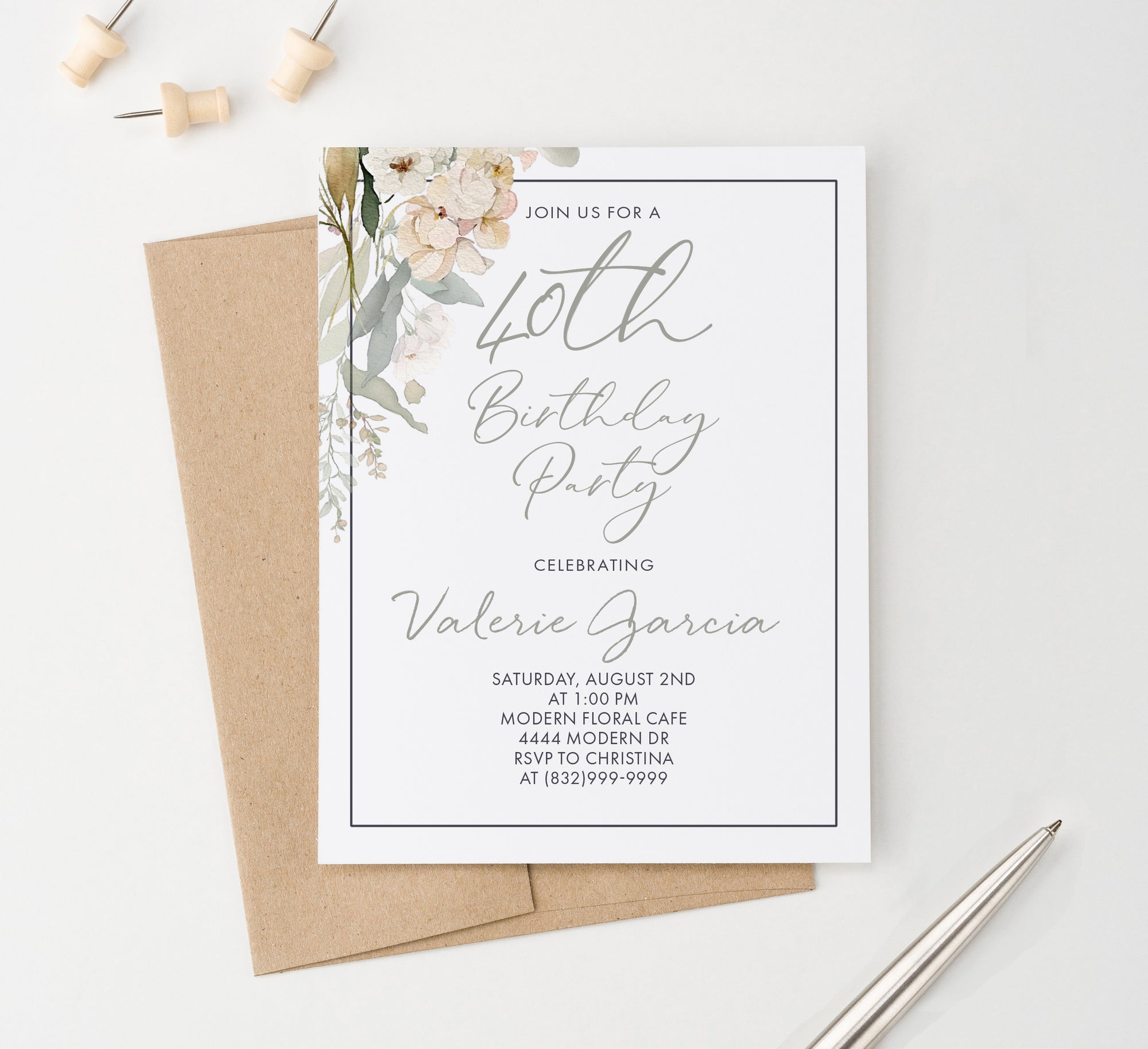 Elegant Floral 40th Birthday Invitations Or Choose Your Age